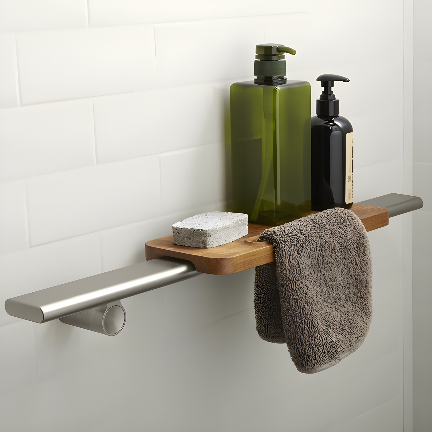 Anodized Brushed Nickel Shower Barre with Teak Shelf