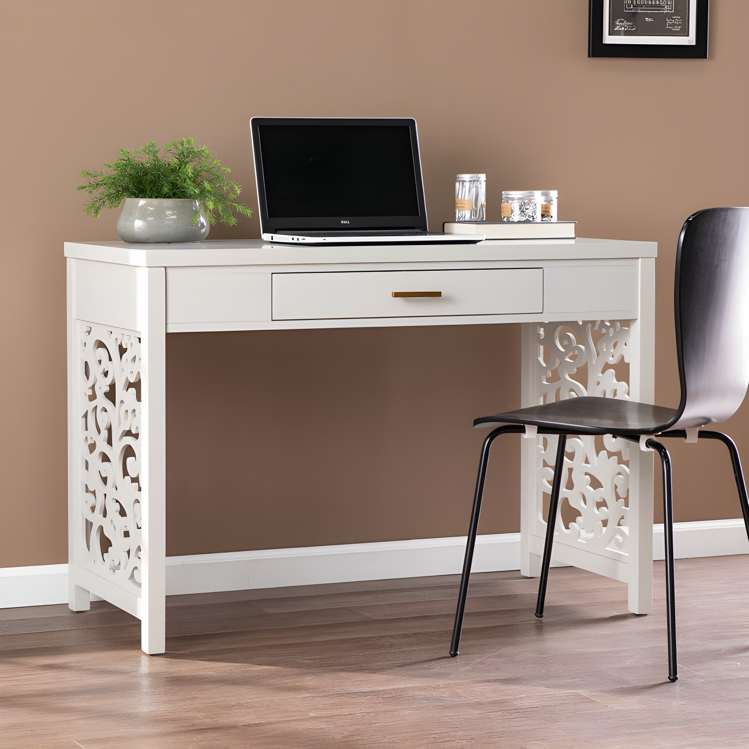 Gray MDF Rectangular Writing Desk with Drawer and Lattice Design