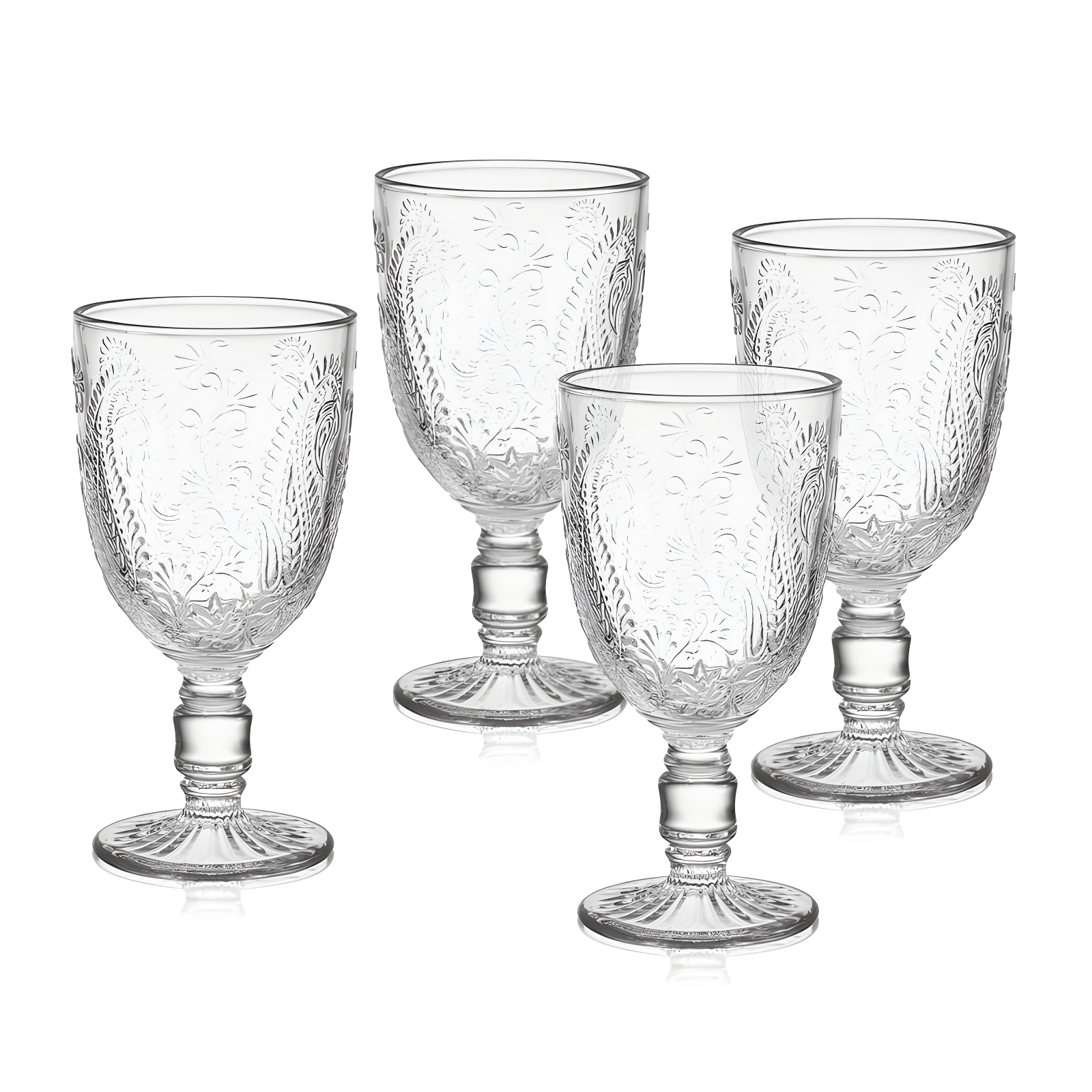 Clear Embossed Glass Wine Goblets, Set of 4, 10 Oz