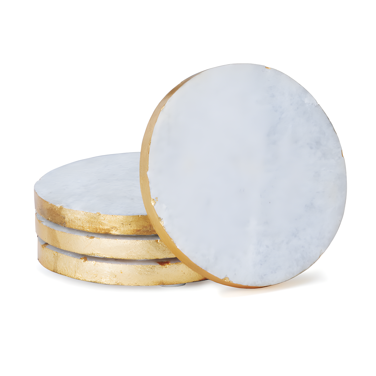 Round White Marble and Gold Edged Coaster Set