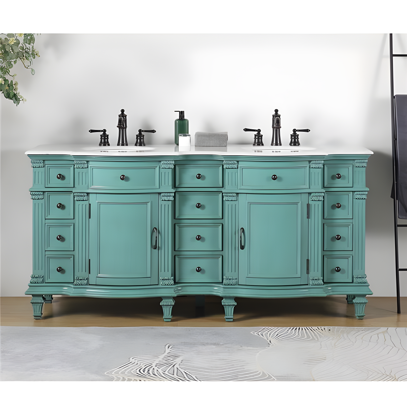 72-Inch Teal Wood Double Sink Bathroom Vanity with Marble Top