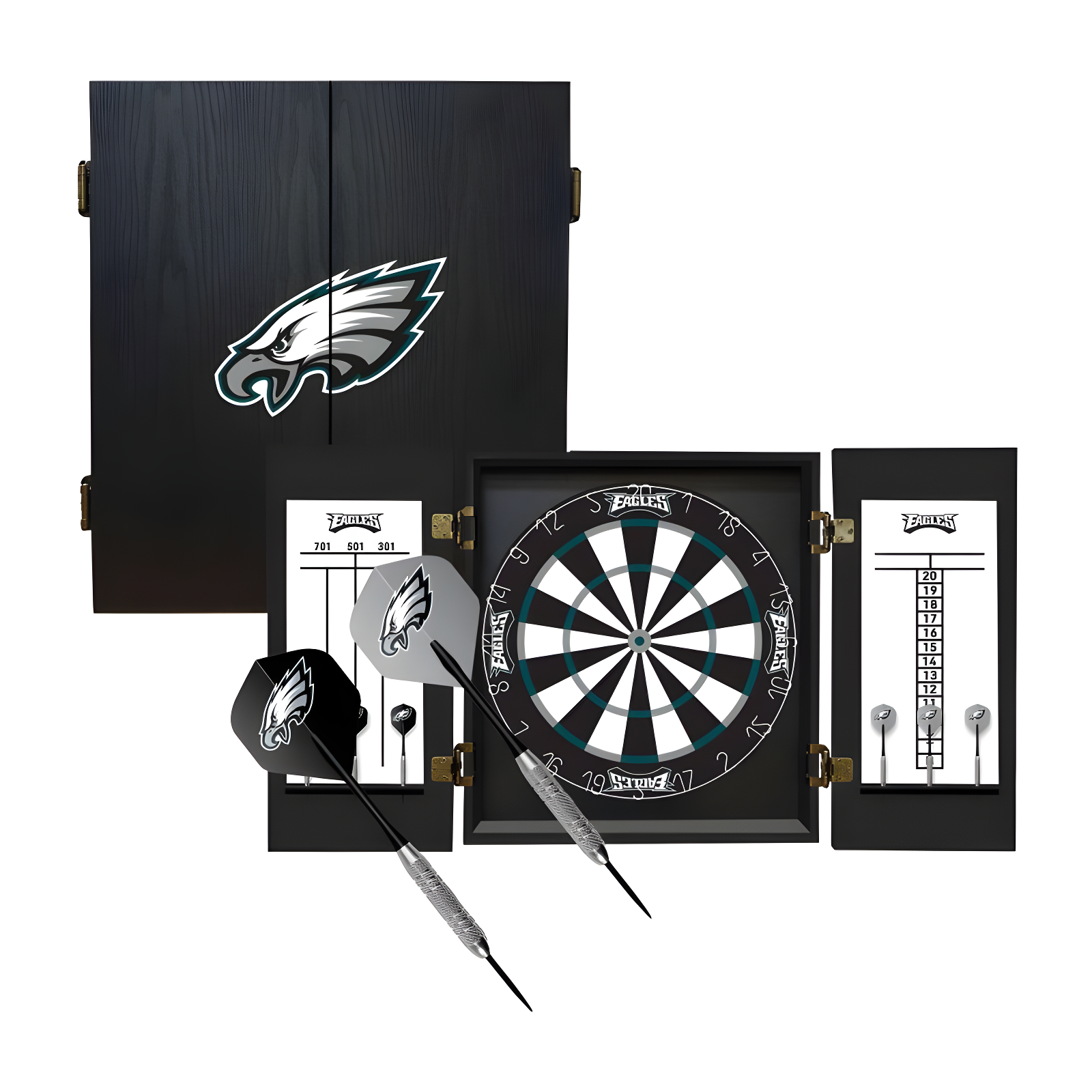 Philadelphia Eagles Black Wood Dartboard Cabinet Set