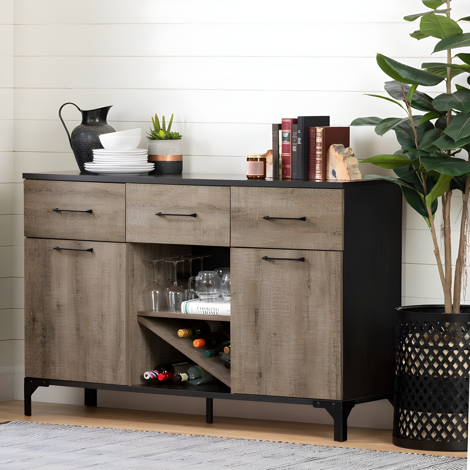 Weathered Oak and Ebony 57" Industrial Wine Storage Sideboard