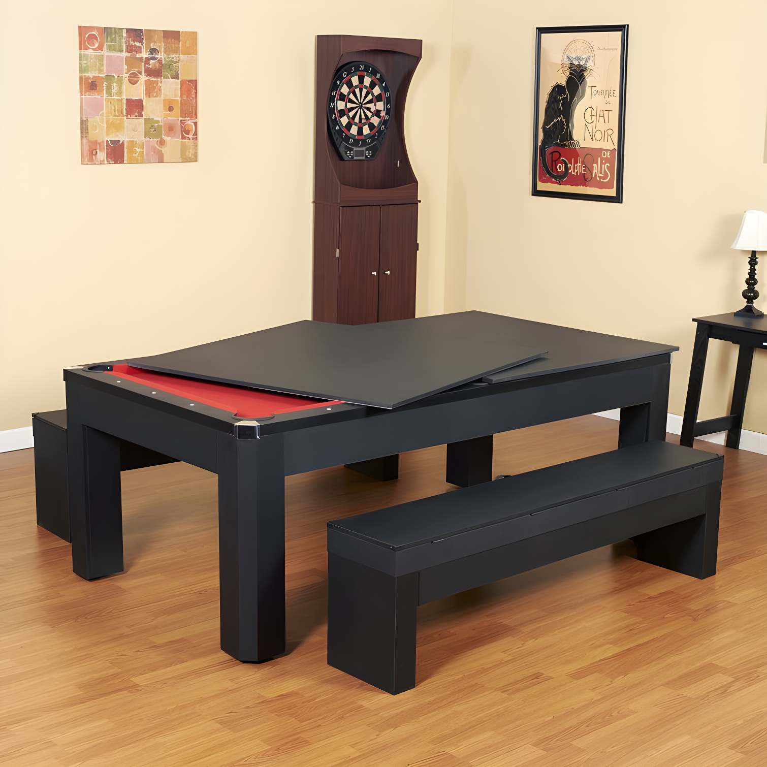 Black 7-ft MDF Pool Table Combo Set with Benches