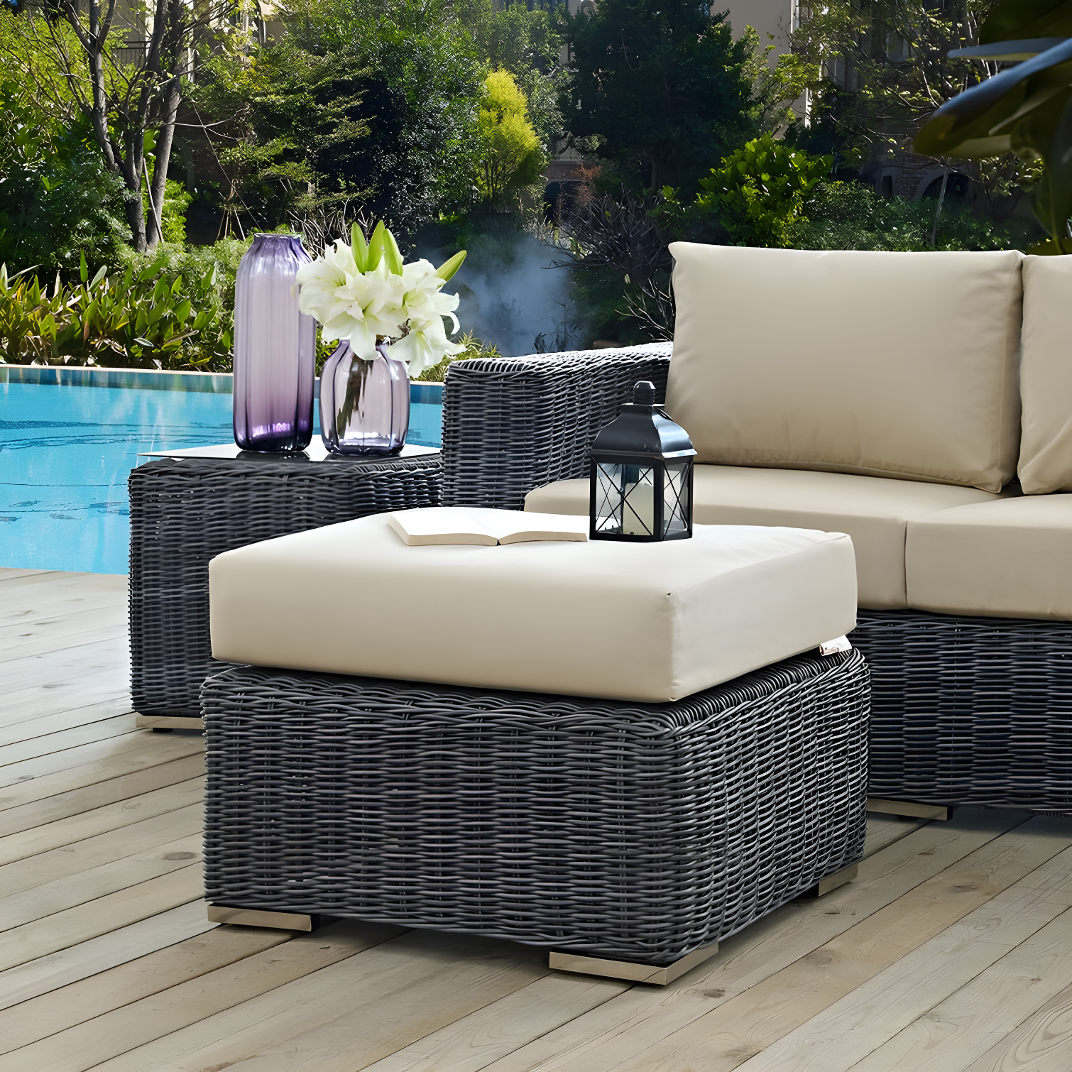 Canvas Antique Beige Sunbrella Outdoor Patio Ottoman with Rattan Weave