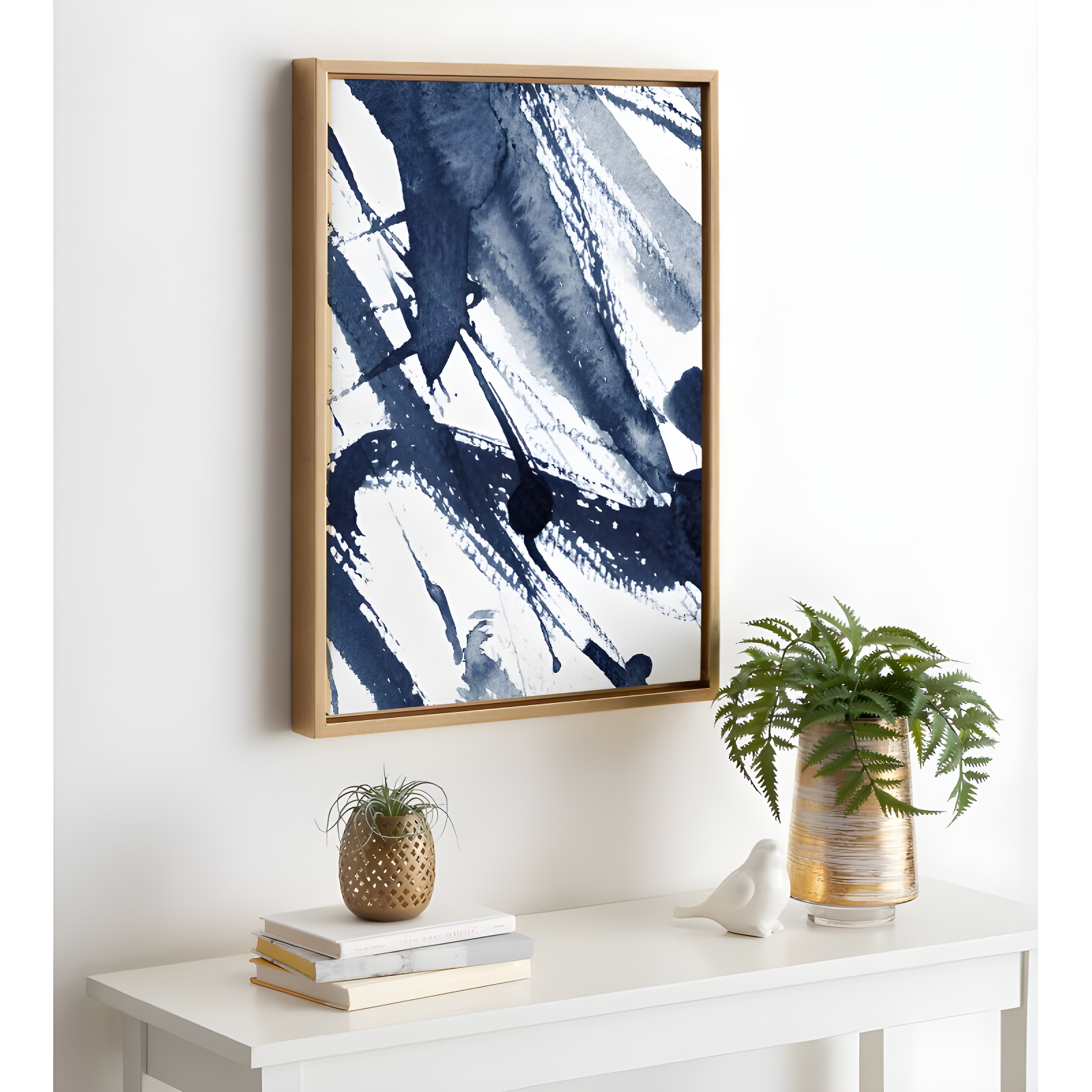 Indigo Watercolor Abstract Canvas Art with Gold Frame