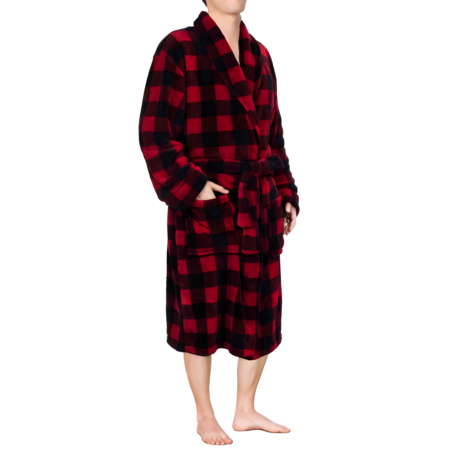 Red and Black Plaid Fleece Mid-Calf Bathrobe