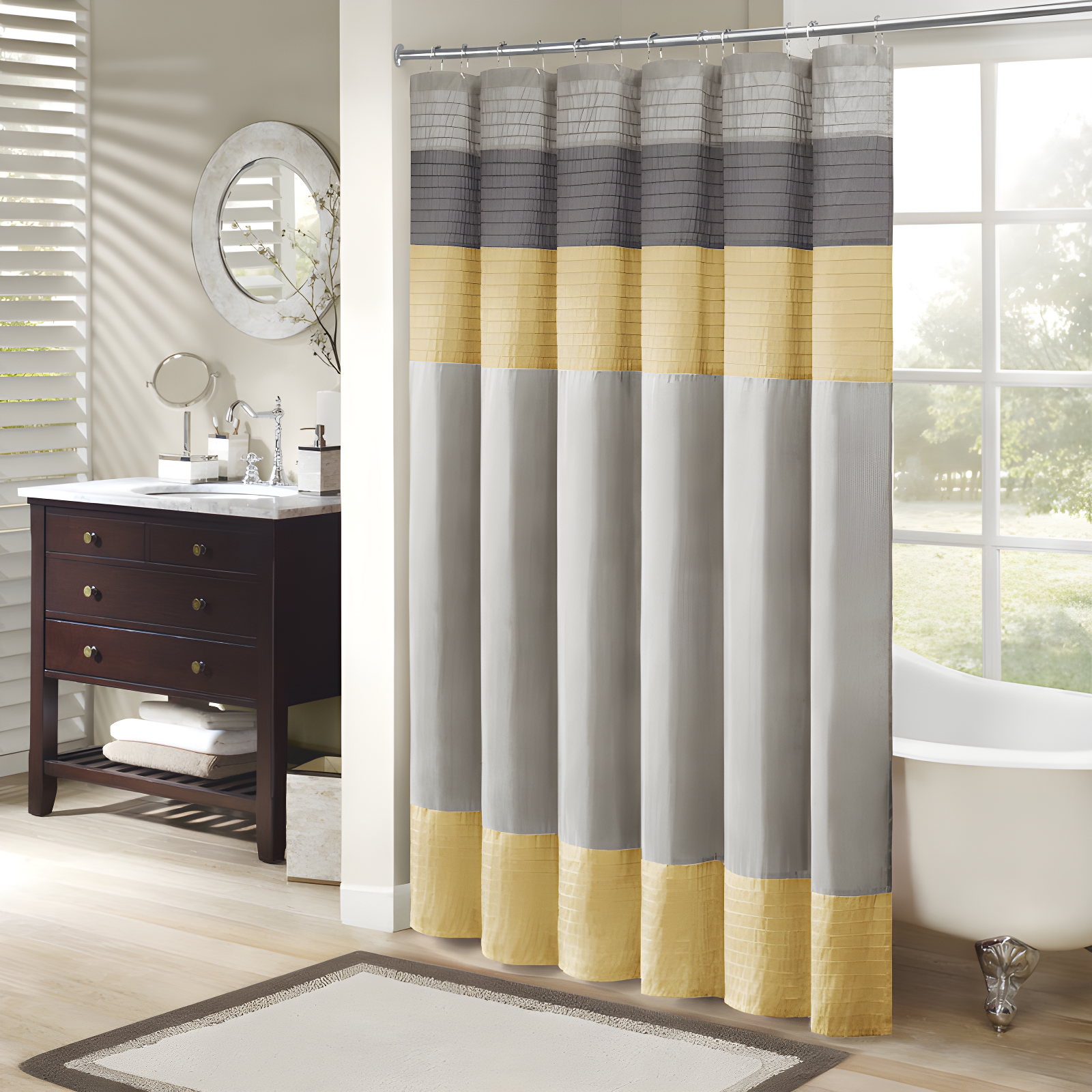 Yellow and Gray Faux Silk Color Block Shower Curtain