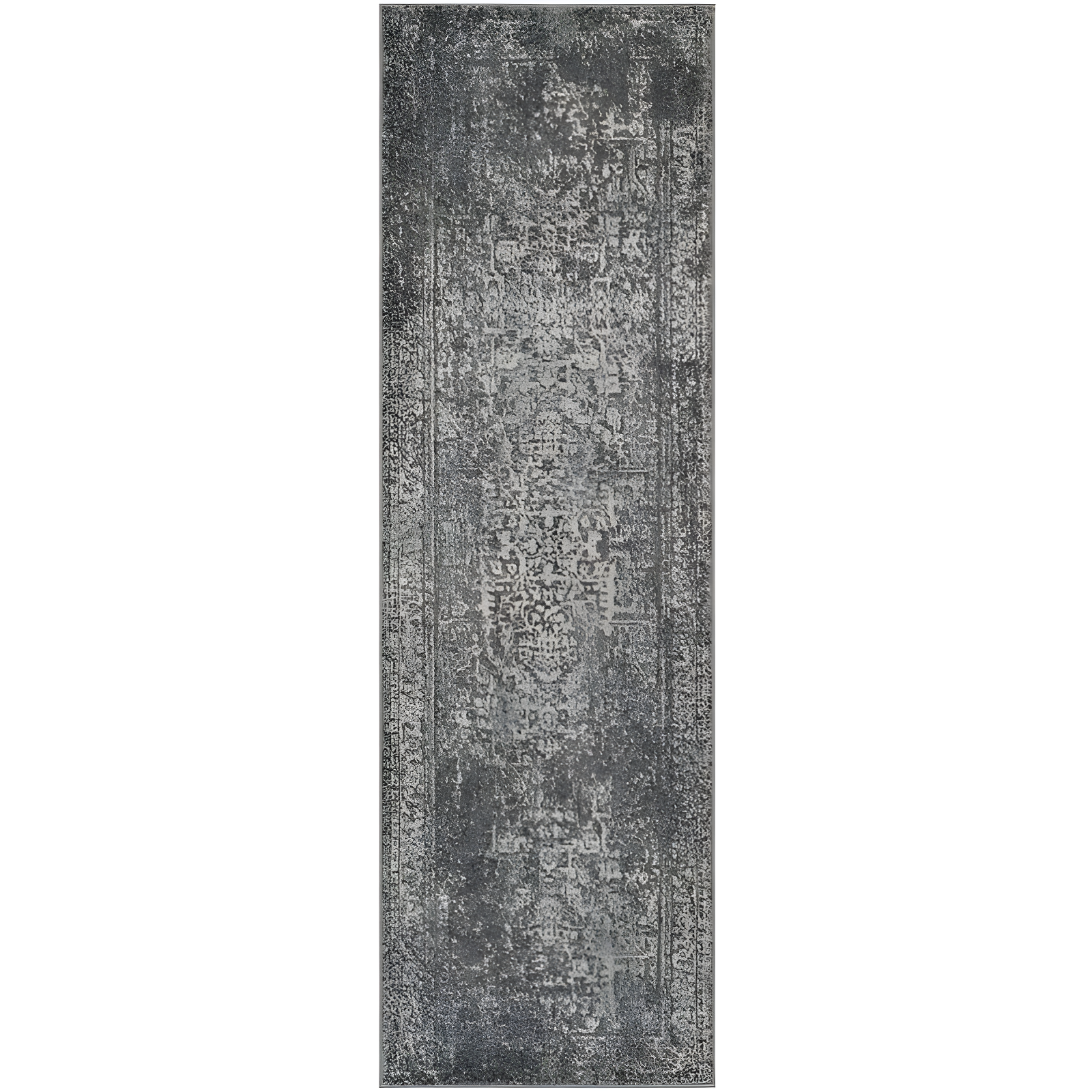 Grey and Ivory Floral Motif Synthetic Runner Rug