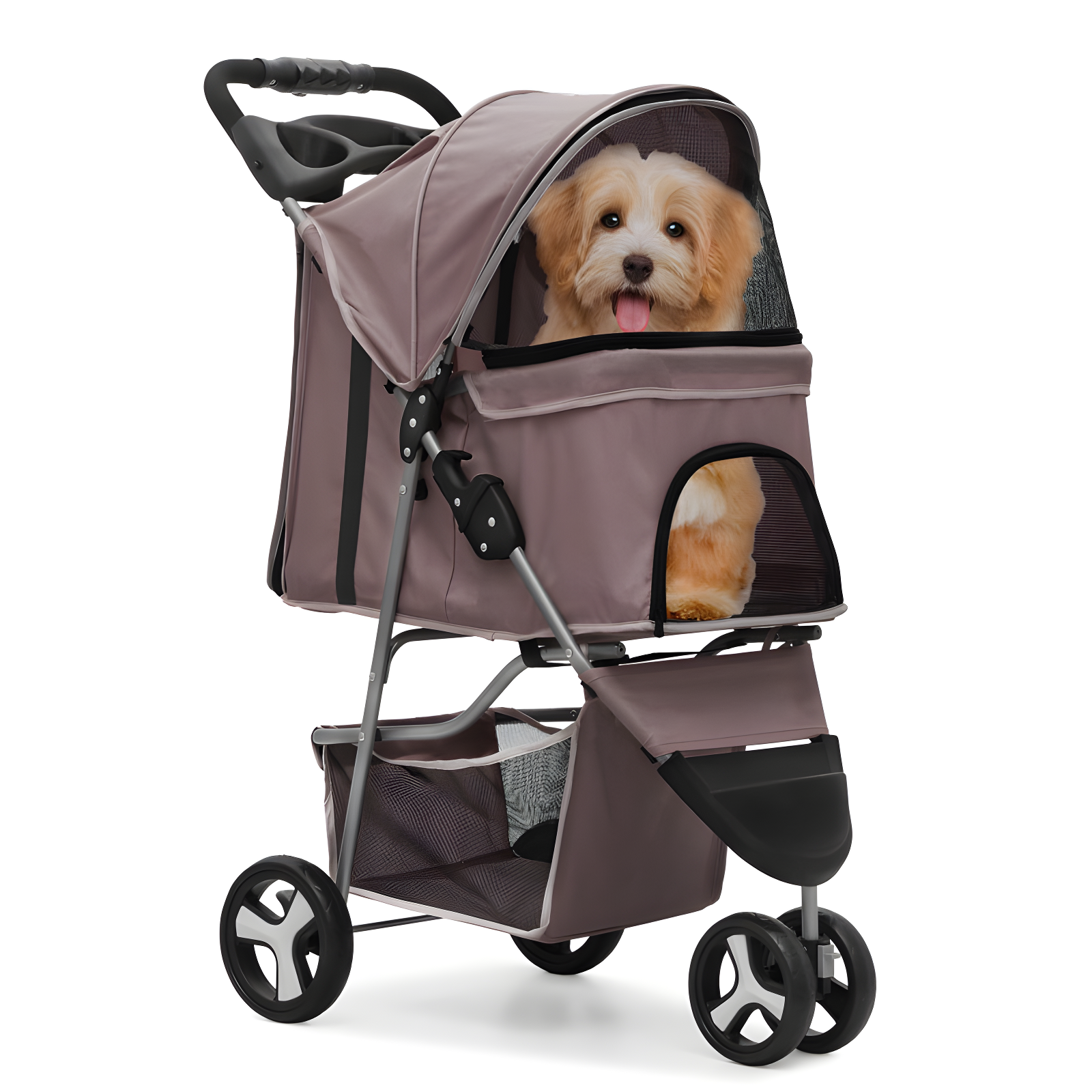 Pink Foldable Pet Stroller with Storage and Cup Holder