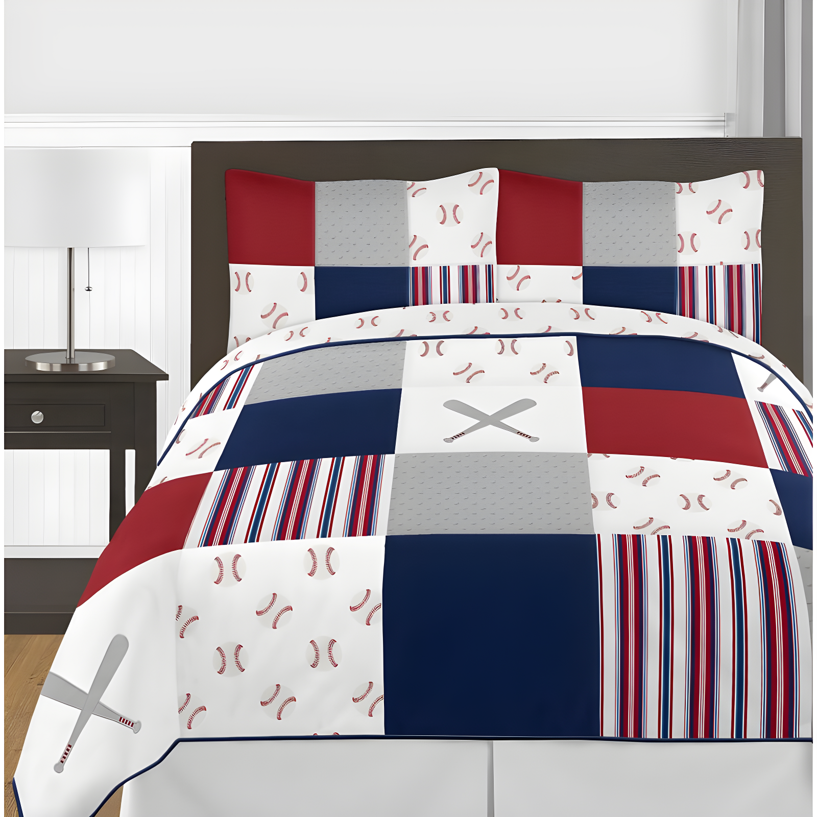 Full Blue and Red Baseball Patch Microfiber Comforter Set