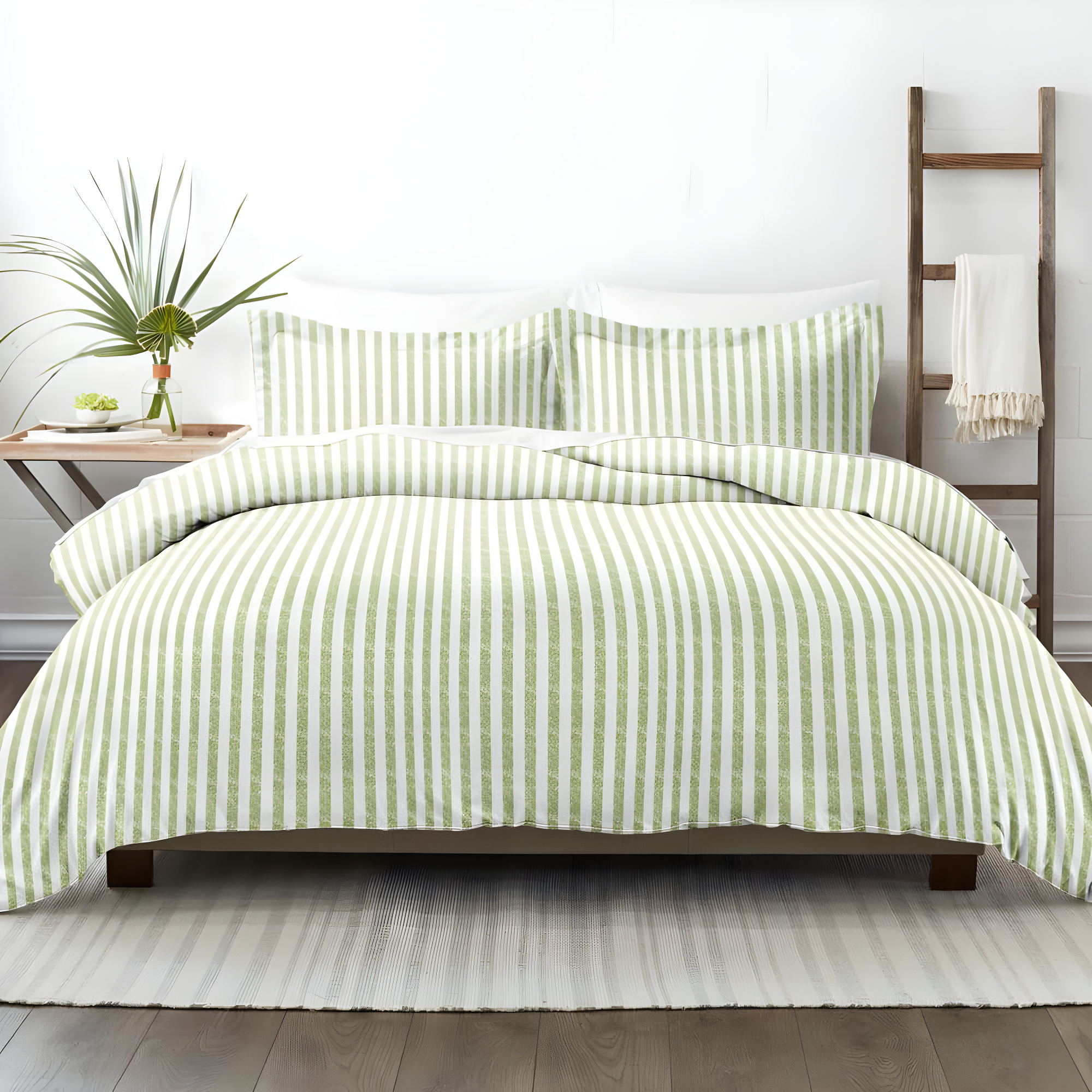 Sage Green Striped Microfiber King 3-Piece Duvet Cover Set