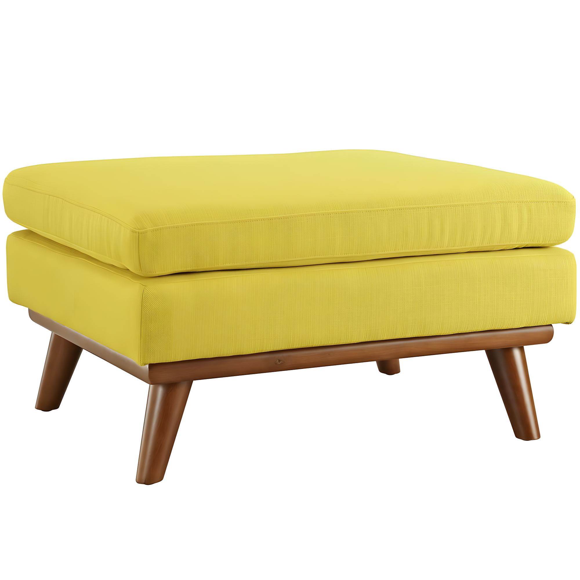 Mid-Century Modern Sunny Yellow Tufted Ottoman with Cherry Wood Legs