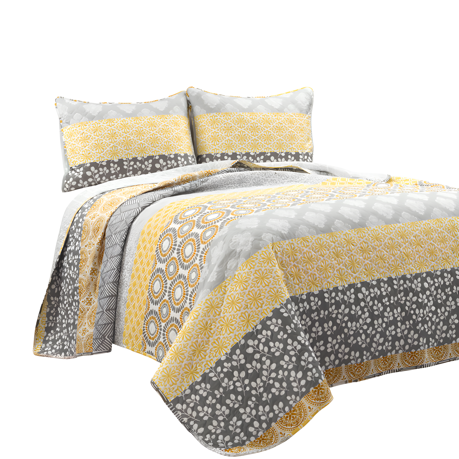 Yellow and Gray Reversible Cotton King Quilt Set