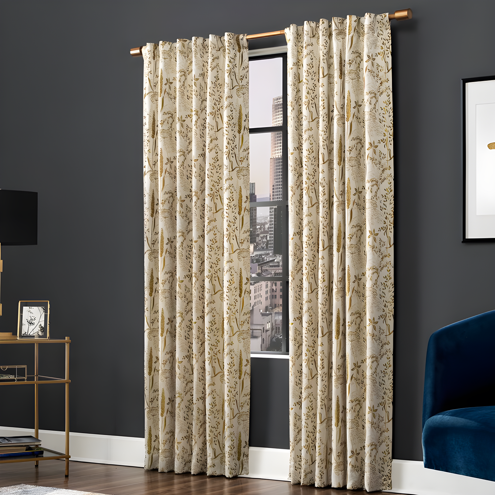 Gold Floral Blackout Pleated Polyester Curtain Panel