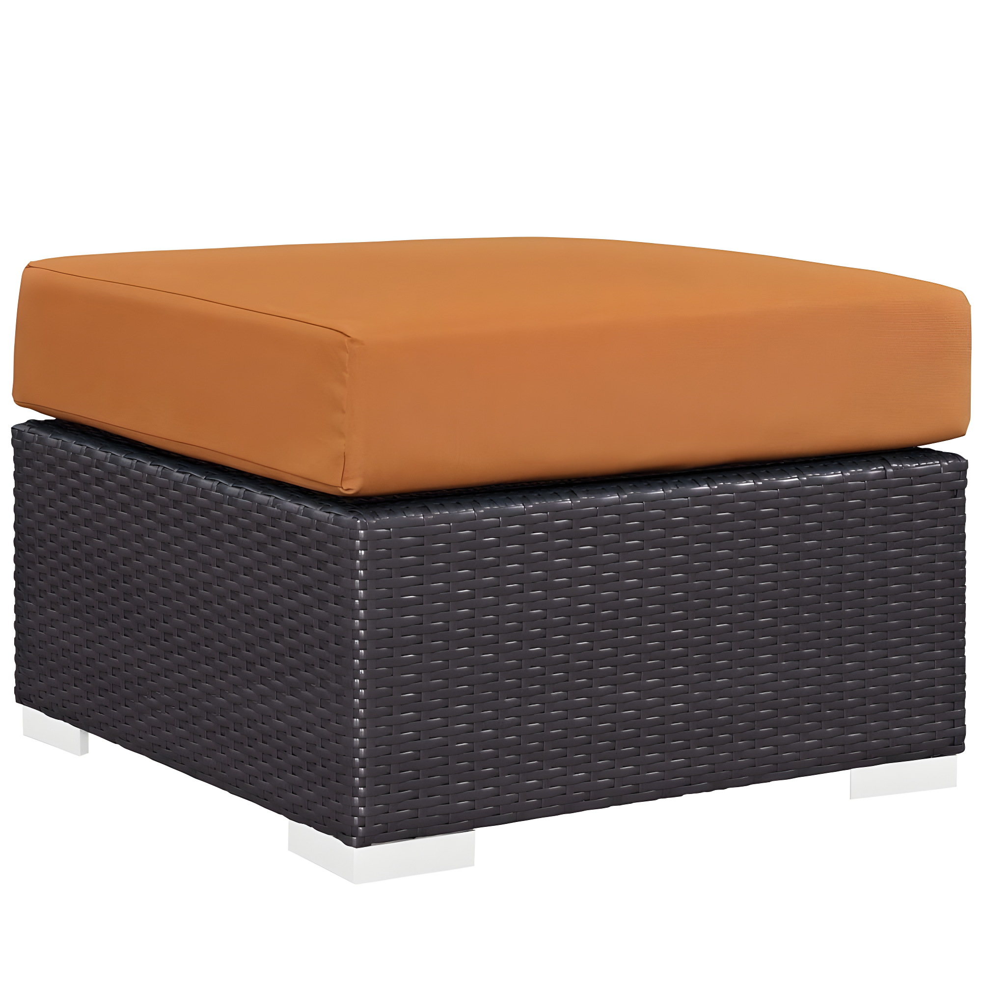 Versatile Espresso Orange Outdoor Ottoman with Synthetic Rattan Weave