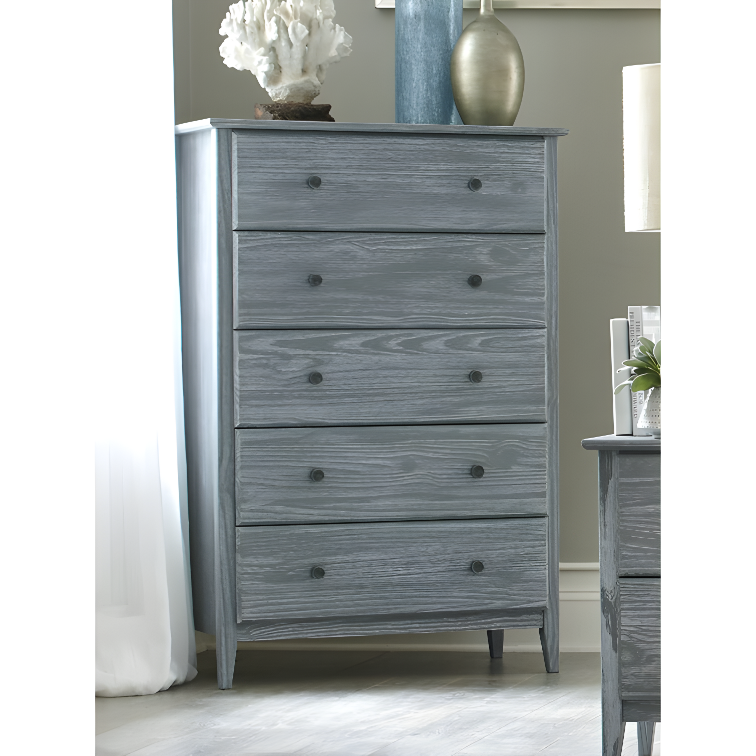 Brushed Grey Coastal 5-Drawer Solid Pine Chest