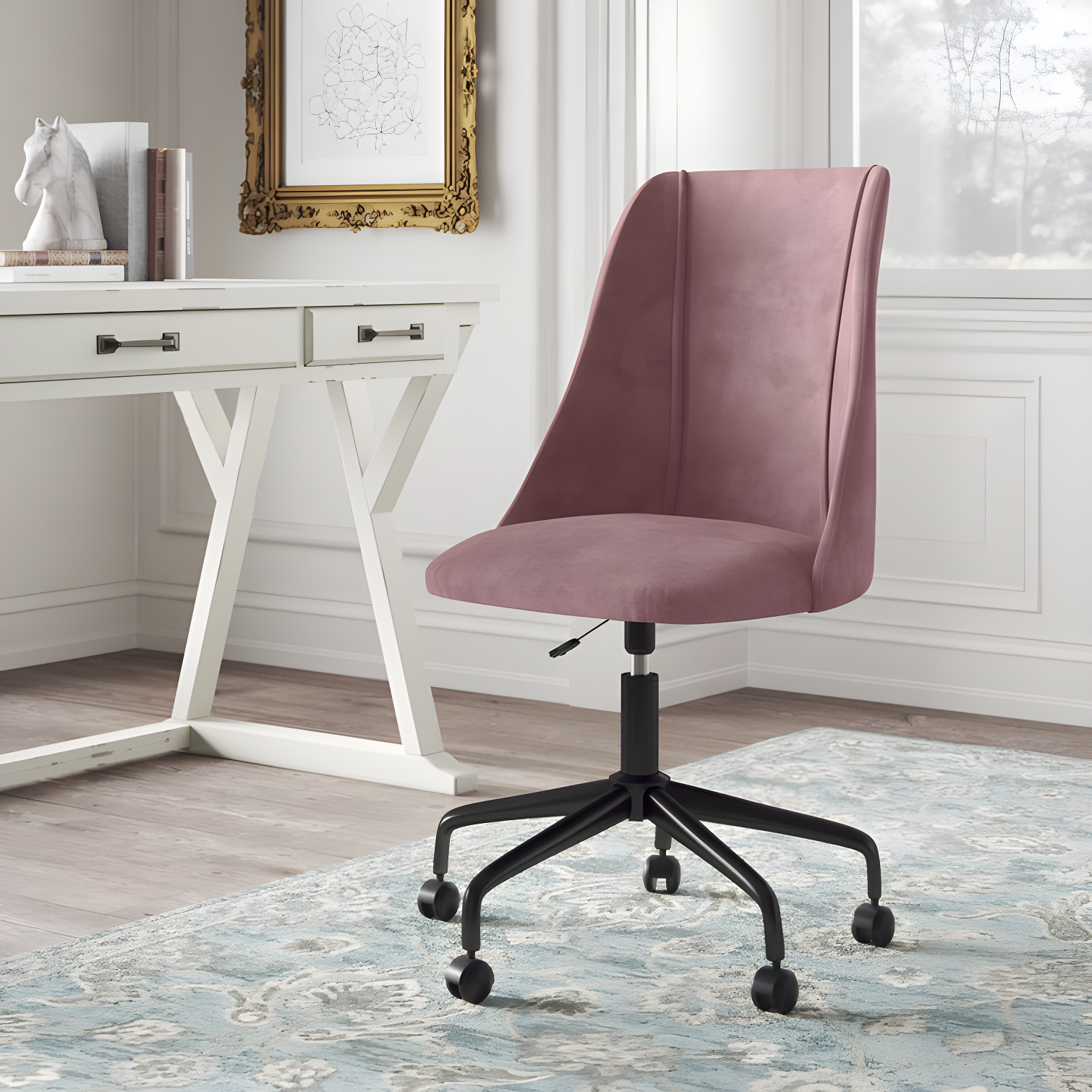 Rochelle Rose Velvet Swivel Task Chair with Metal Frame