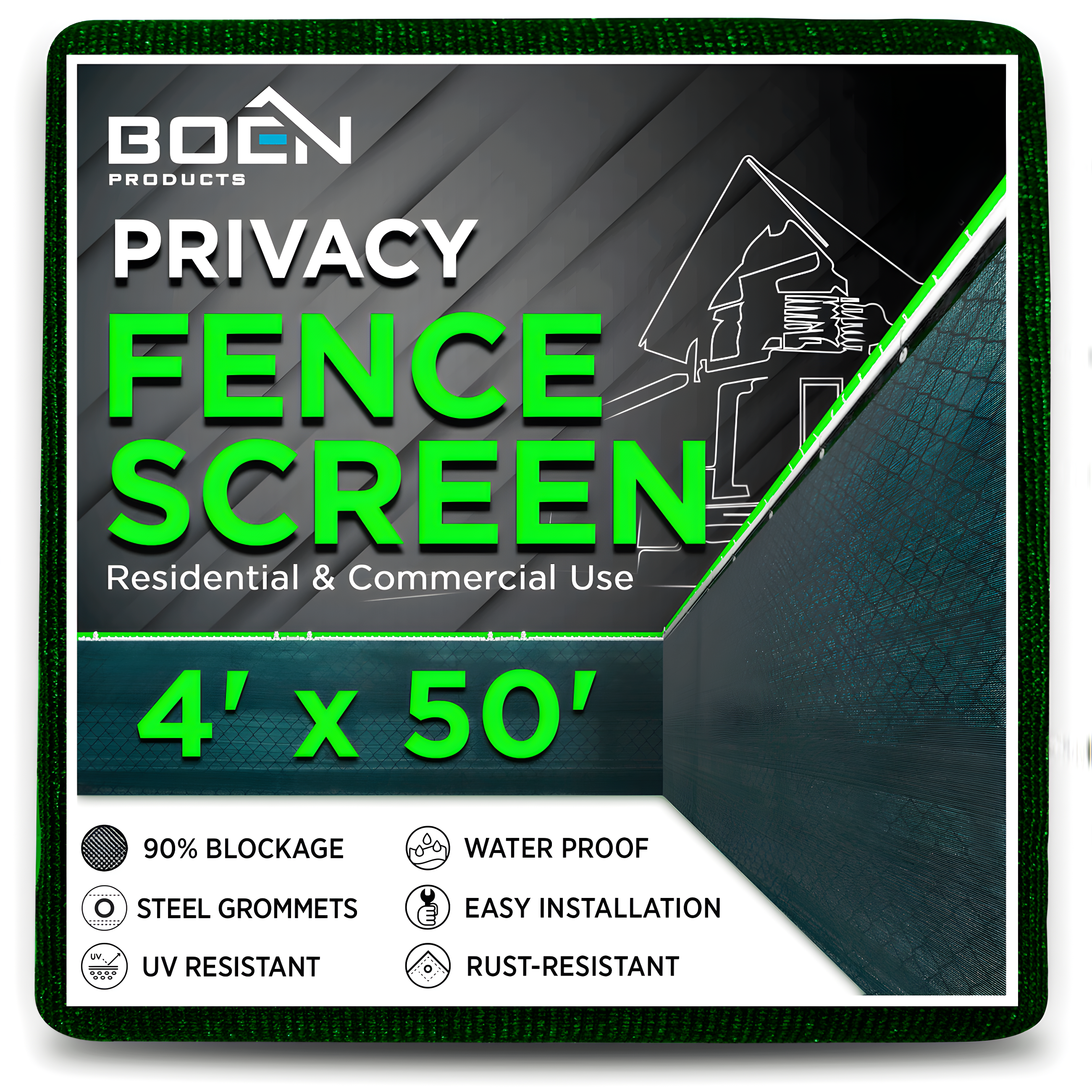 Green 4' x 50' Privacy Fence Screen with Steel Grommets