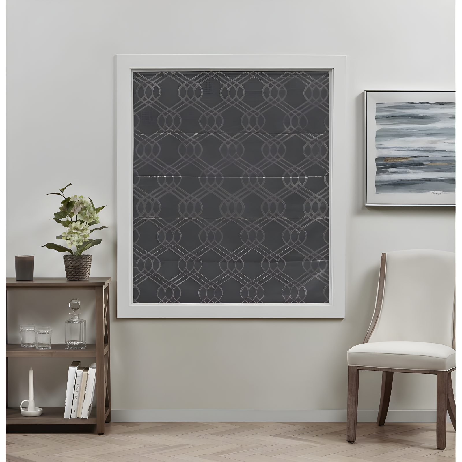 Gray Woven Jacquard Cordless Blackout Roman Shade