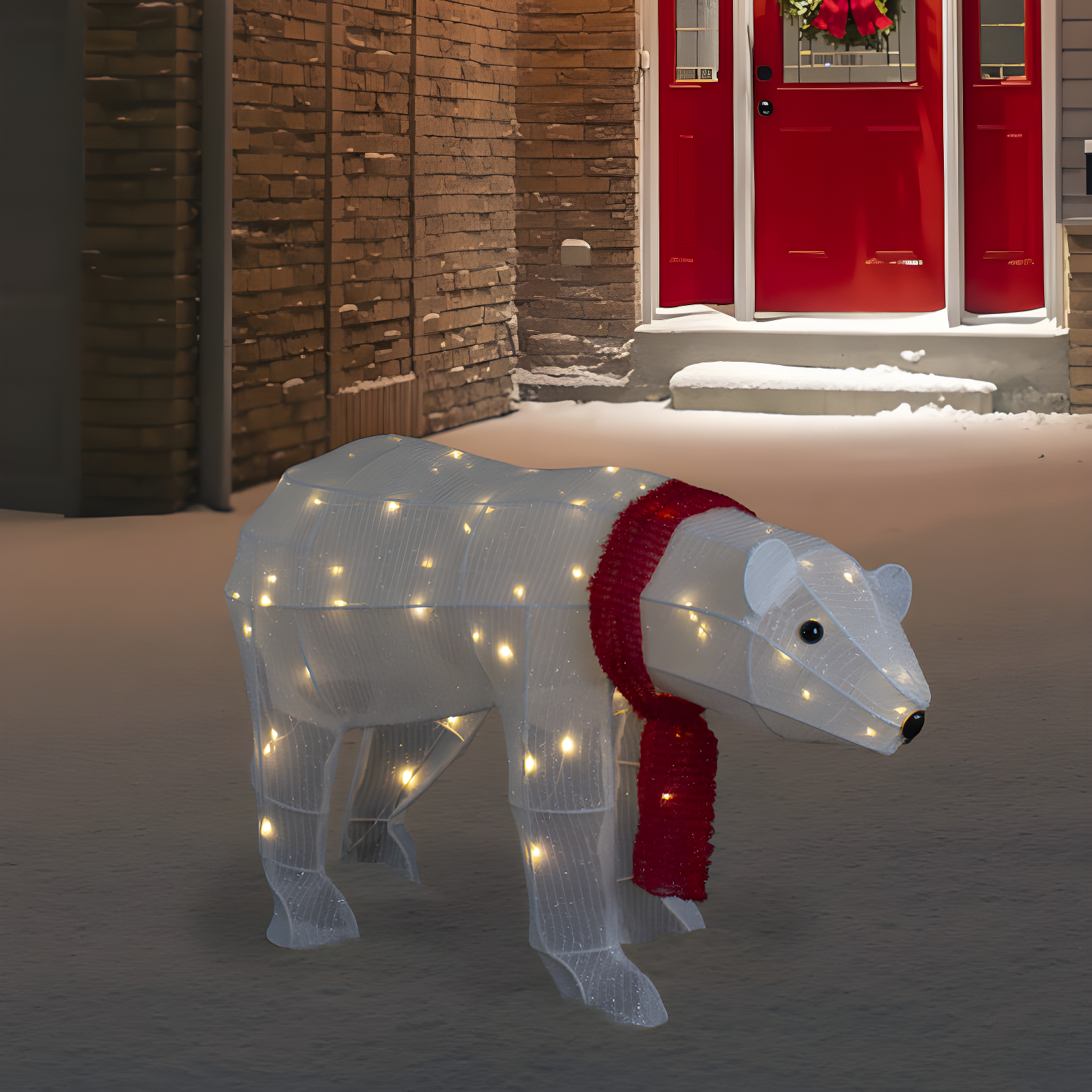 32" LED Lighted Tinsel Polar Bear with Red Scarf