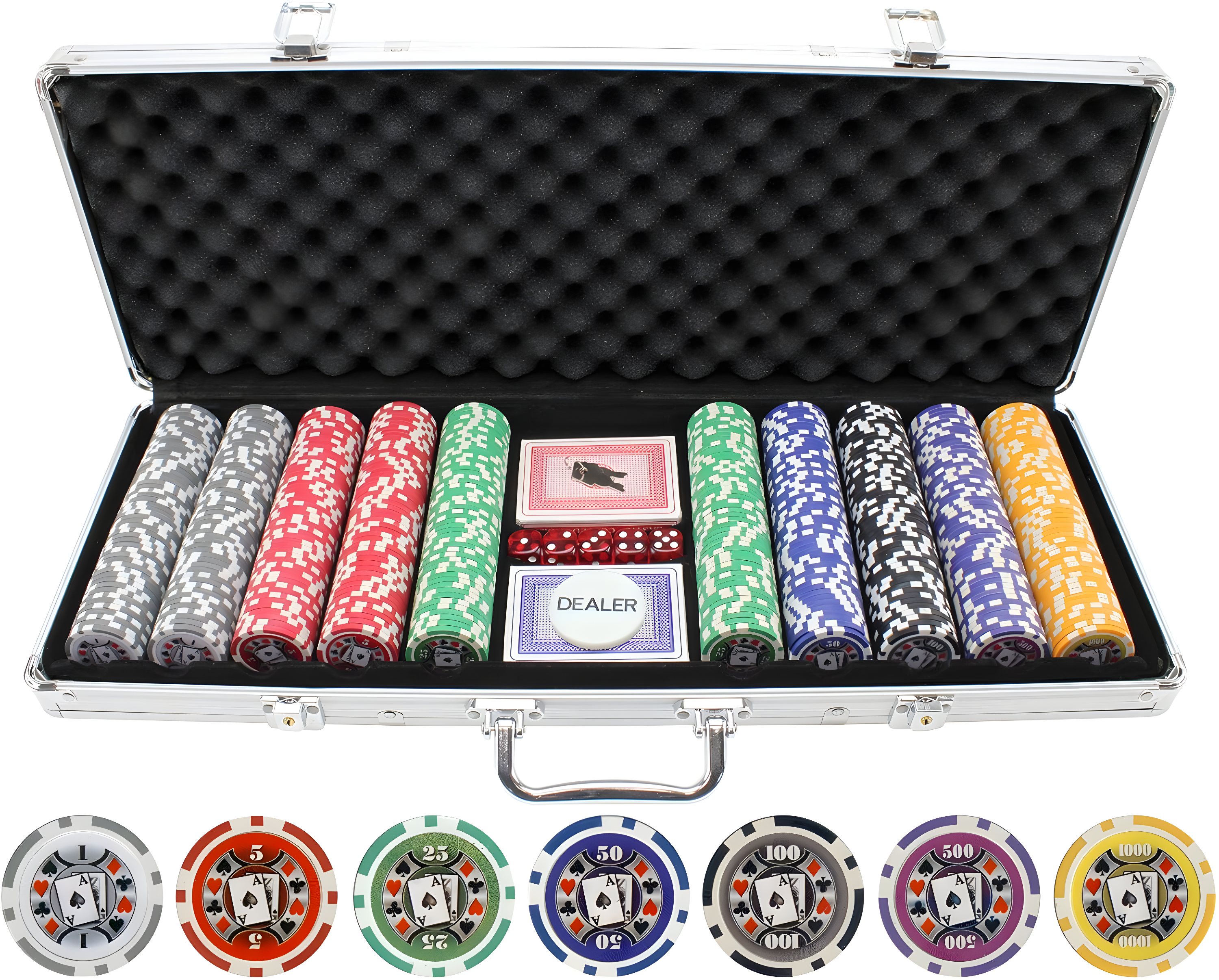 500 Piece Multicolor Clay Composite Poker Chip Set with Aluminum Case