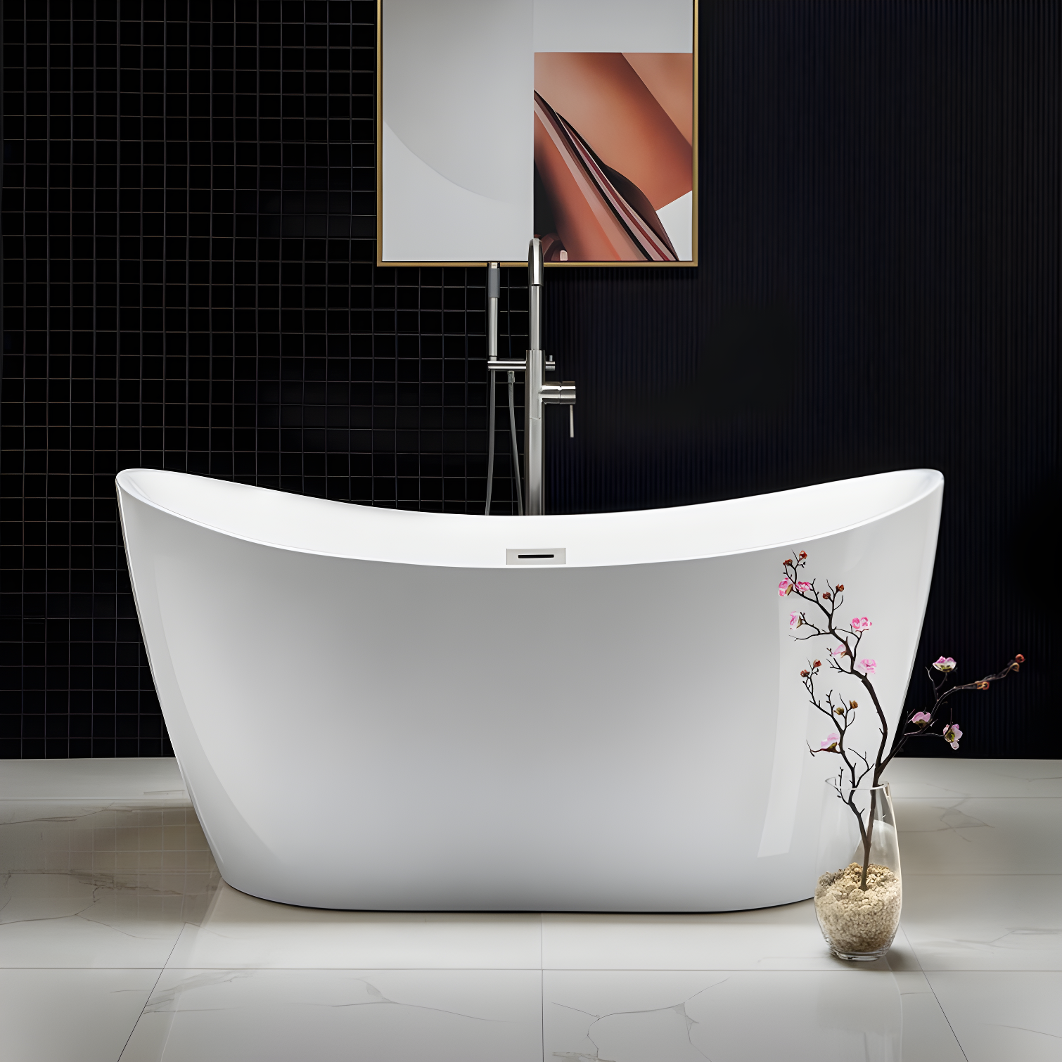 59'' White Acrylic Freestanding Soaking Bathtub with Brushed Nickel Drain