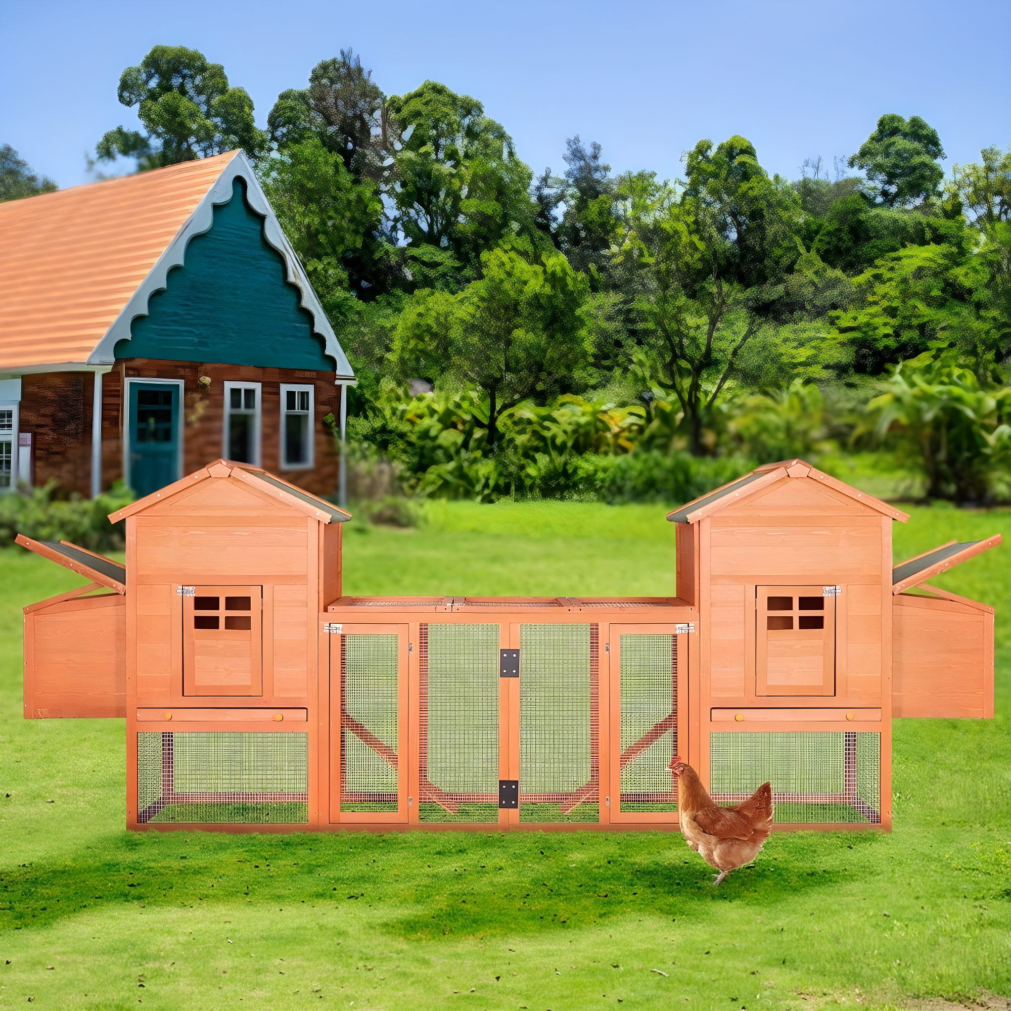 Large Outdoor Wooden Chicken Coop with Nesting Box and Ramp