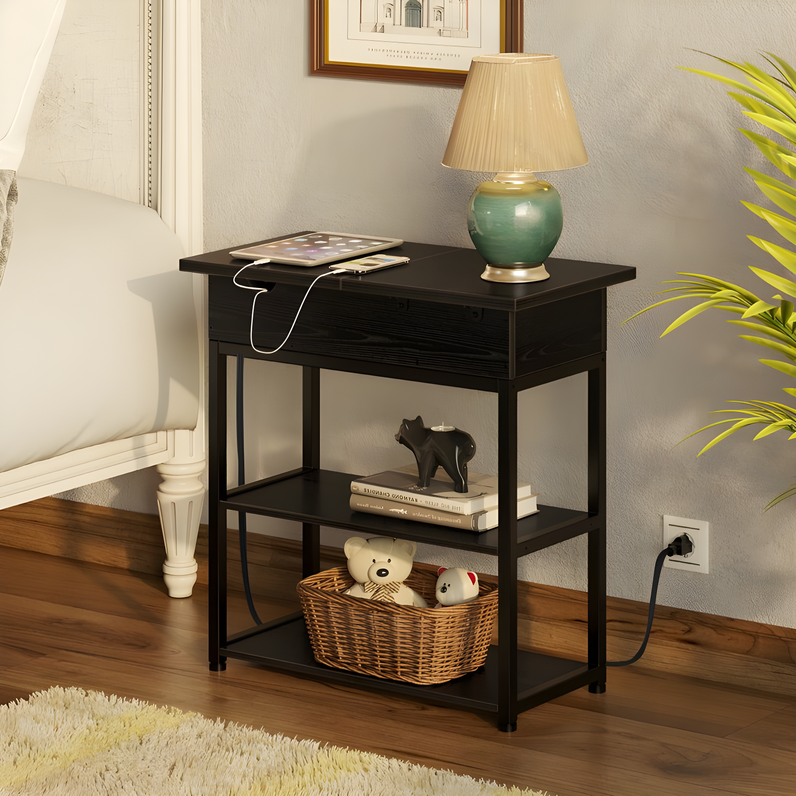 Black MDF End Table with Charging Station and Storage Shelves