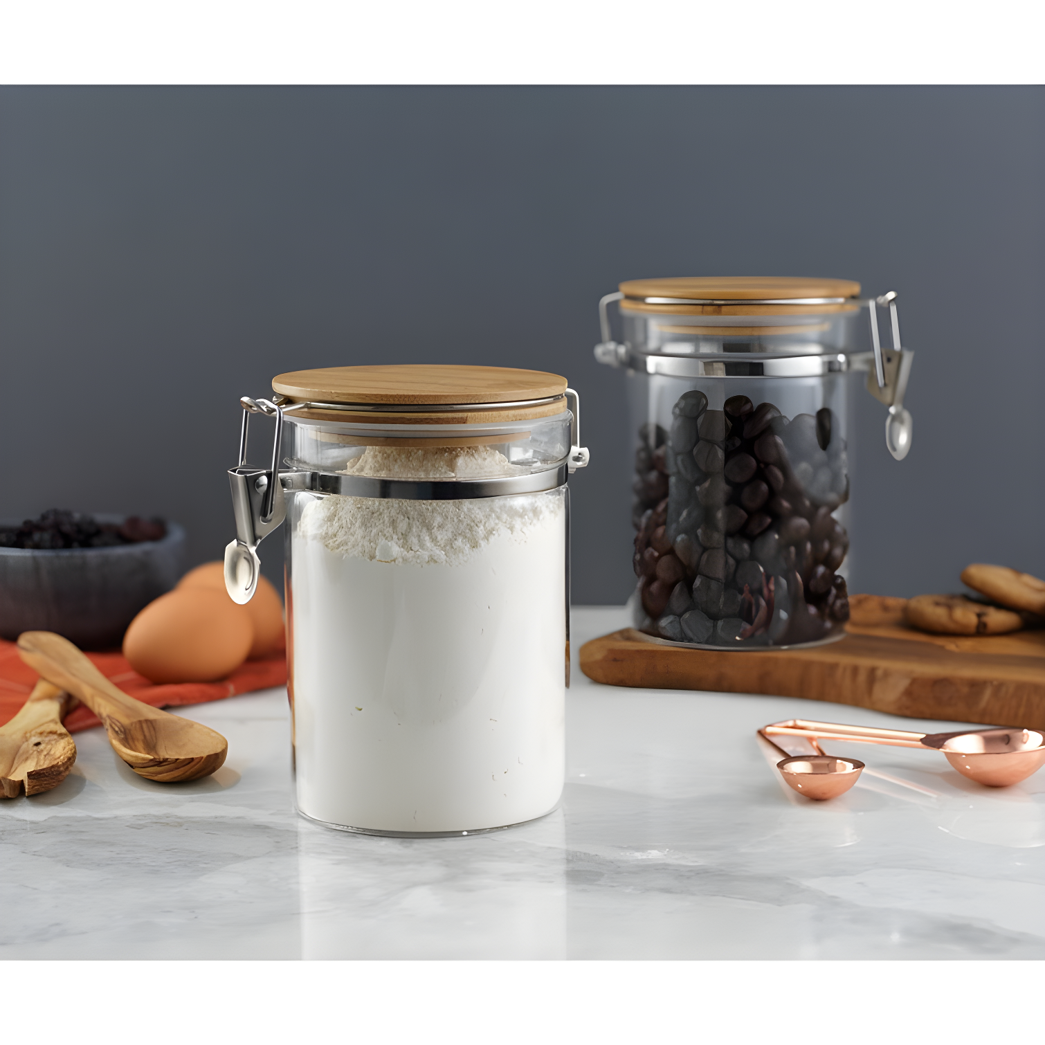 Clear Glass Food Storage Jars with Bamboo Lids, Set of 2