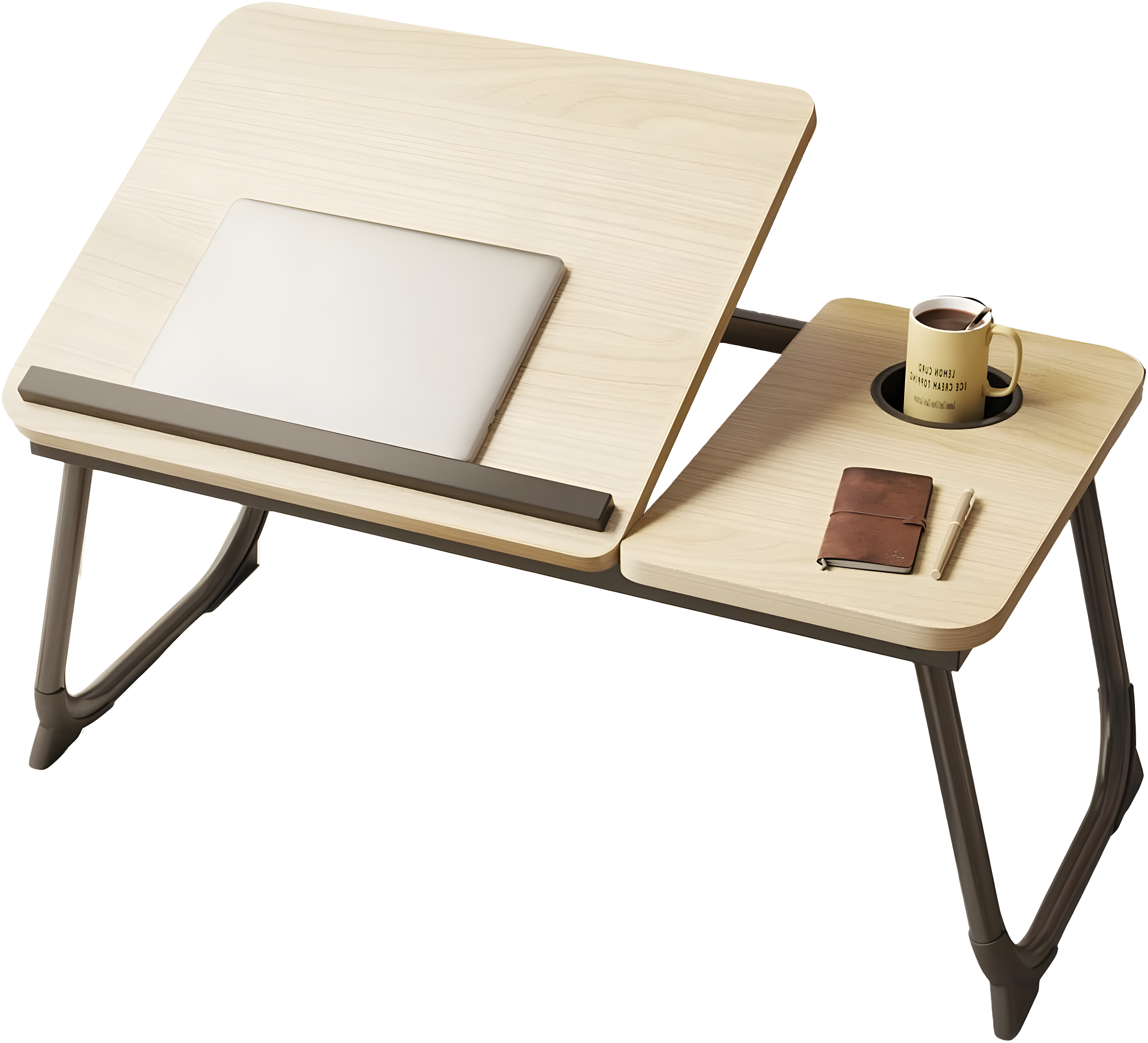 Adjustable Natural Wood Foldable Laptop Bed Desk with Cup Holder