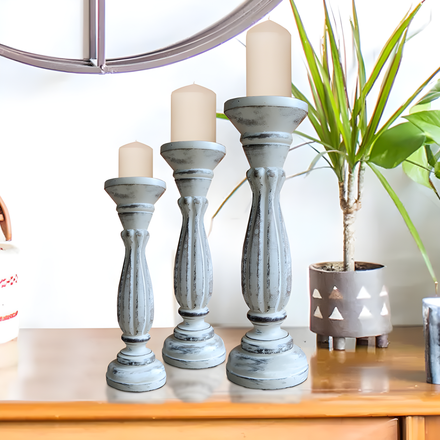 Rustic White Pine Wood Candlestick Set, 3-Piece