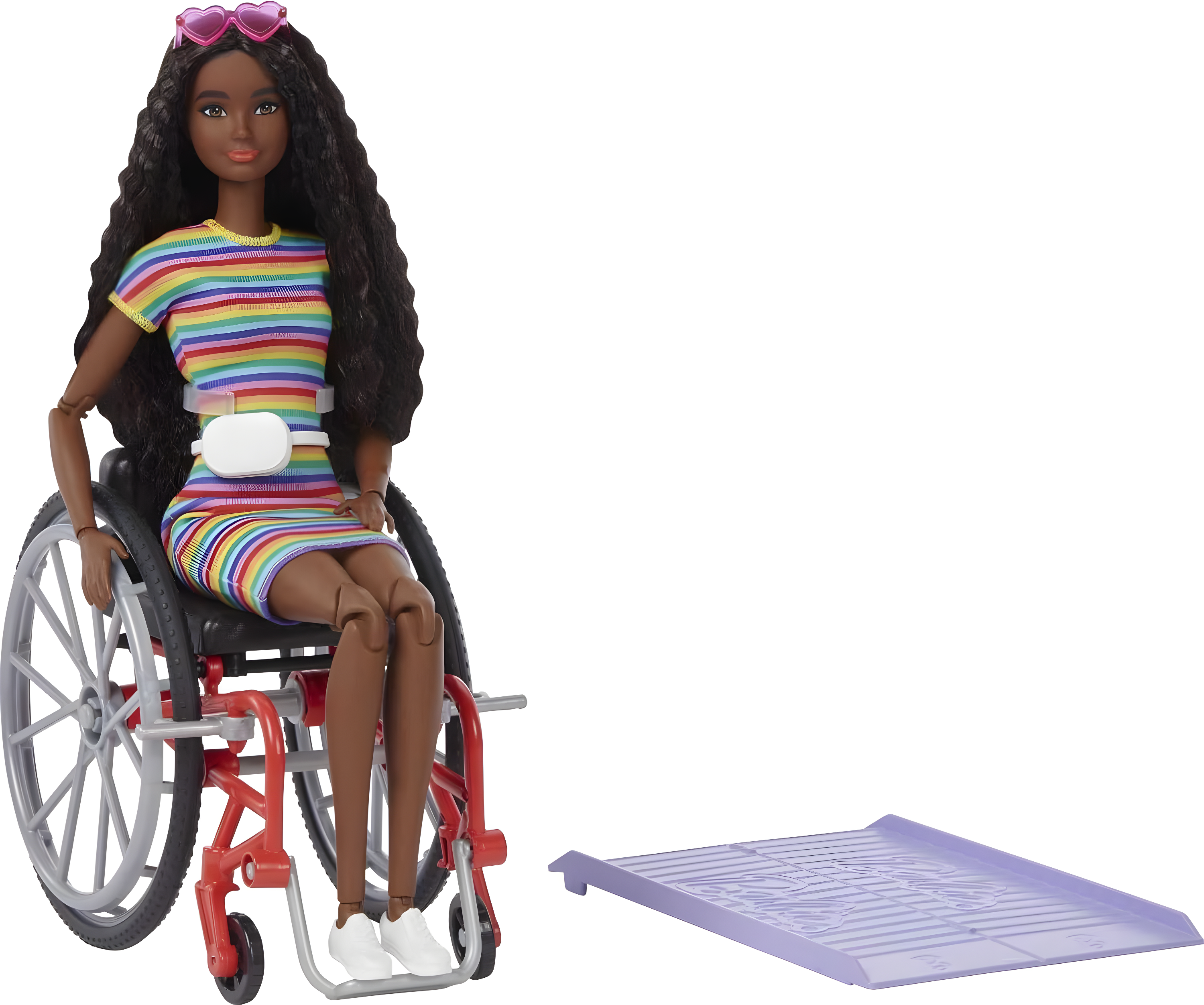 Fashion Doll with Wheelchair, Crimped Hair, and Rainbow Dress