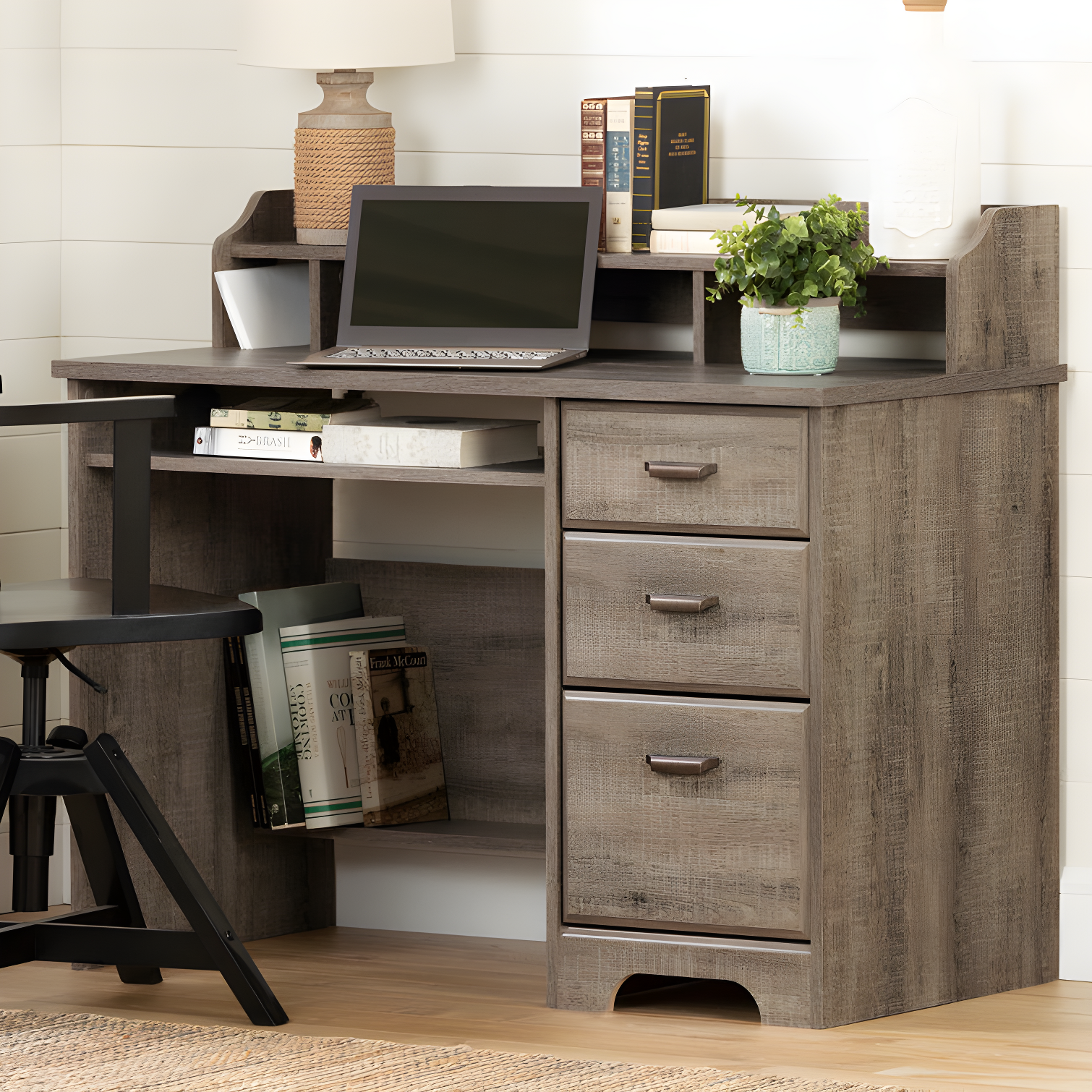 Weathered Oak Wood Computer Desk with Hutch and Drawers