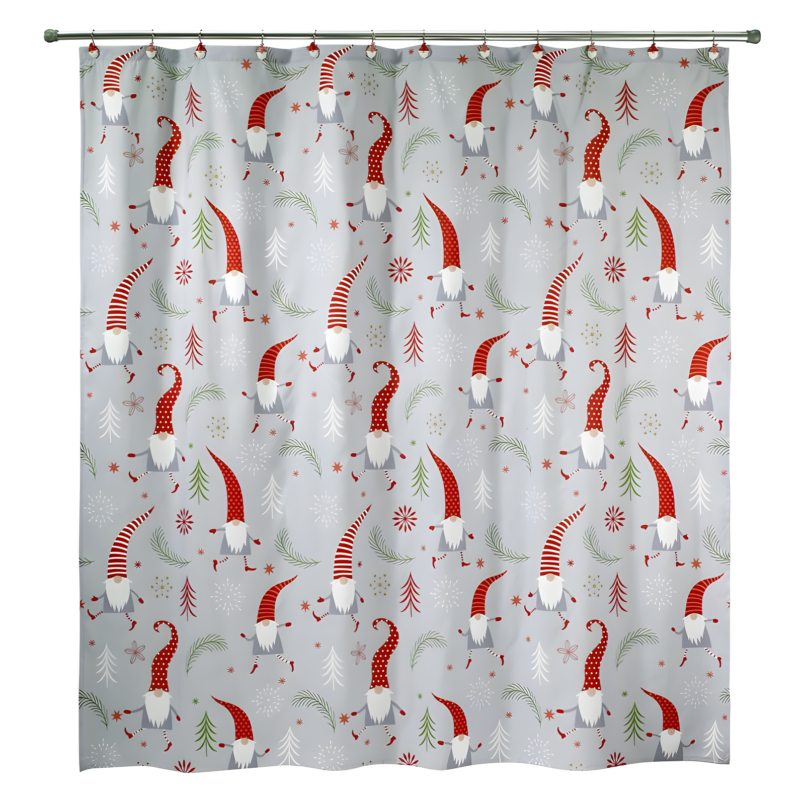 Festive Gnome Walk Gray Polyester Shower Curtain 72" x 72"