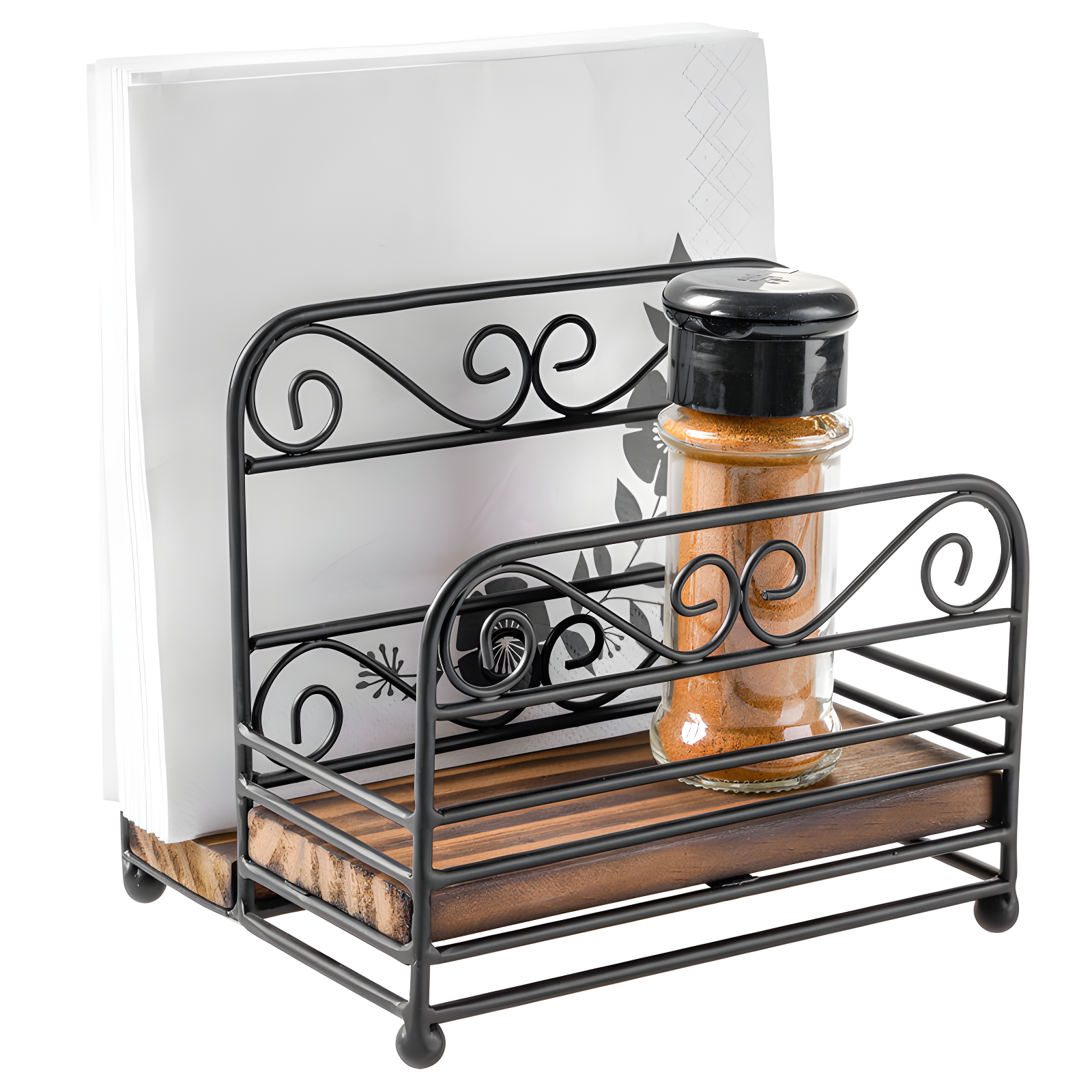 Rustic Burnt Wood and Black Metal Napkin Holder with Spice Rack