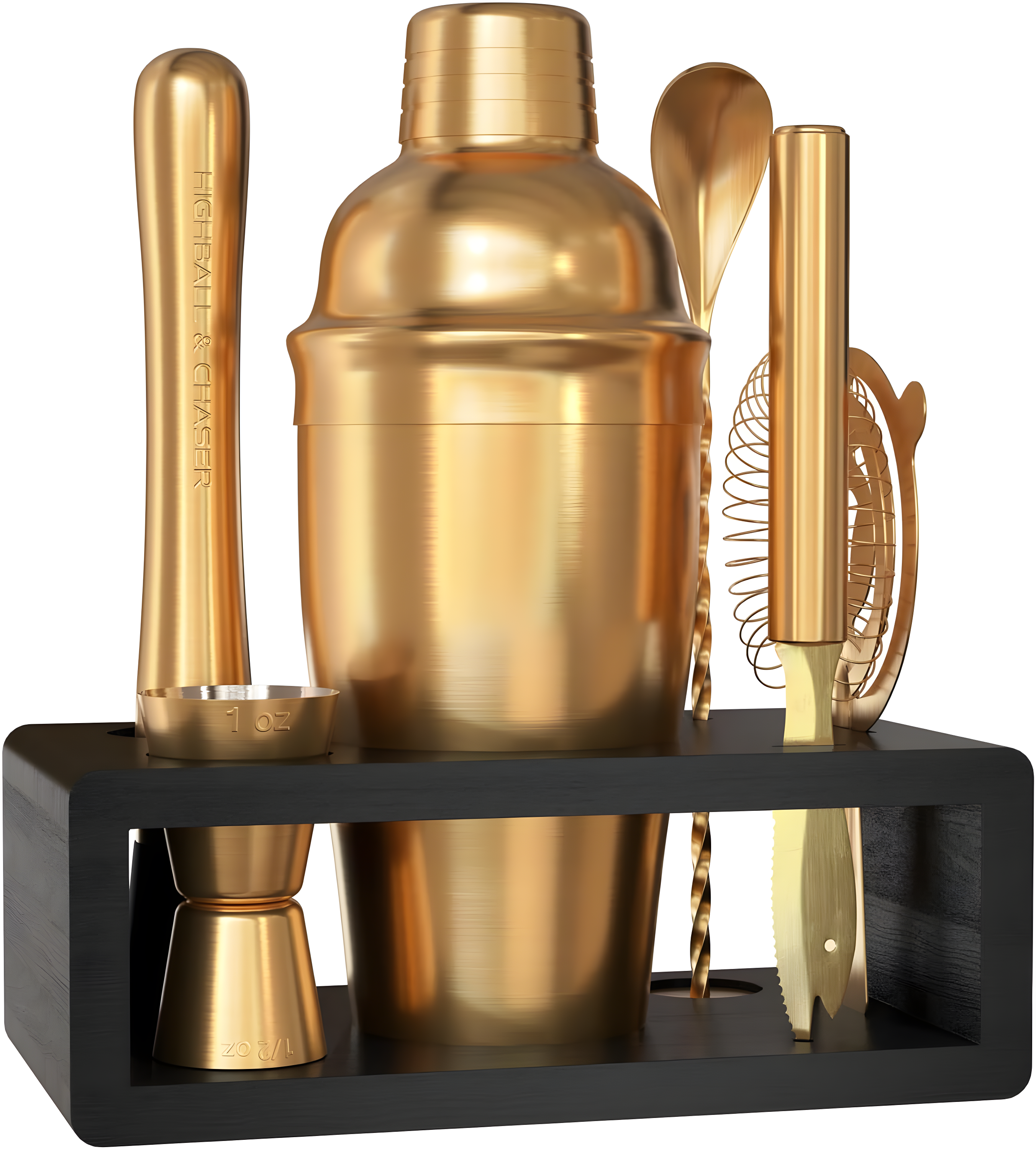 Antique Gold Stainless Steel Bartender Kit with Black Bamboo Stand