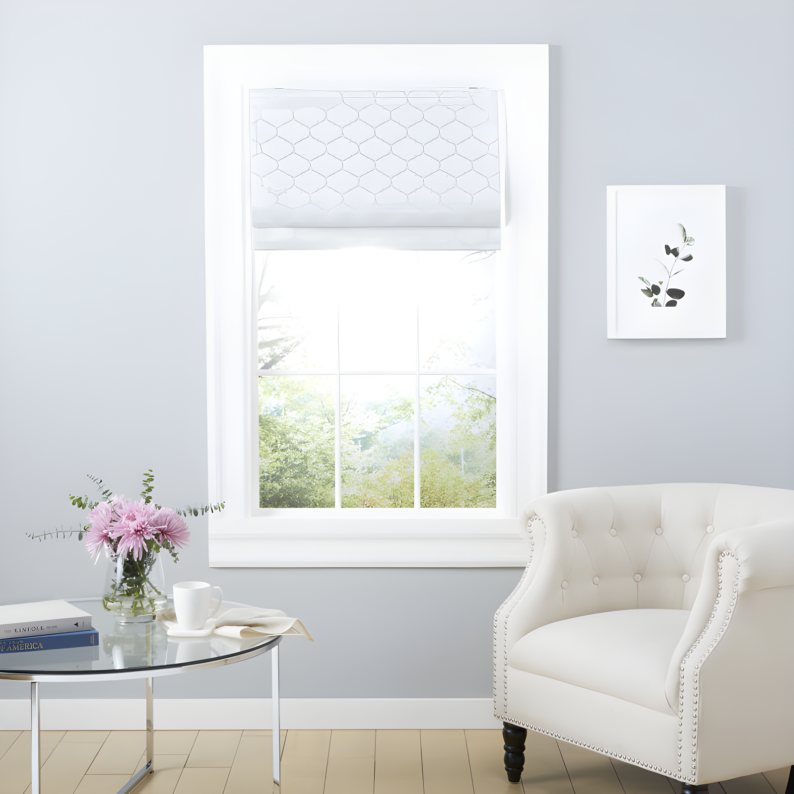 White Trellis Fabric Cordless Blackout Roman Shade
