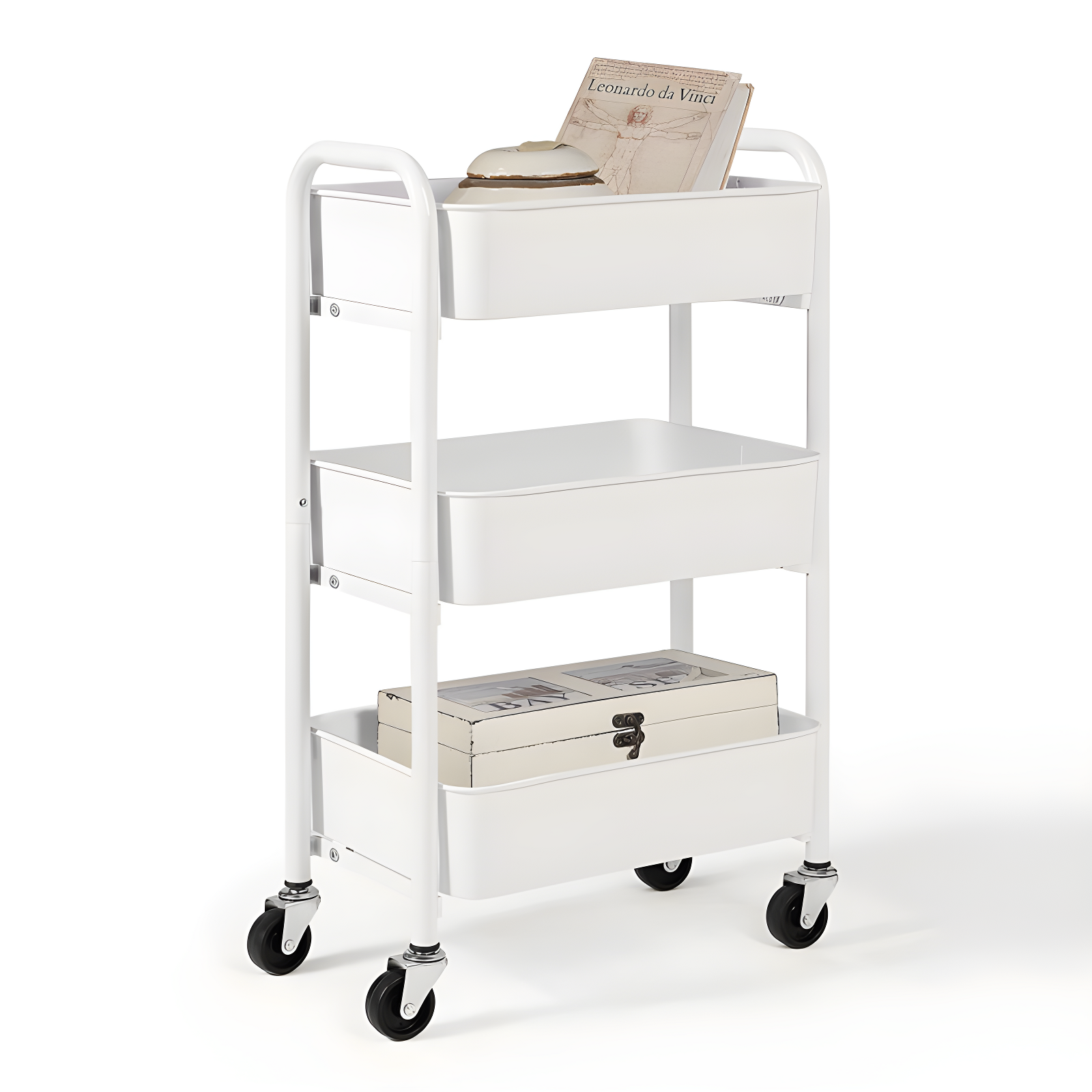 White Compact 3-Tier Metal Rolling Utility Cart with Caster Wheels