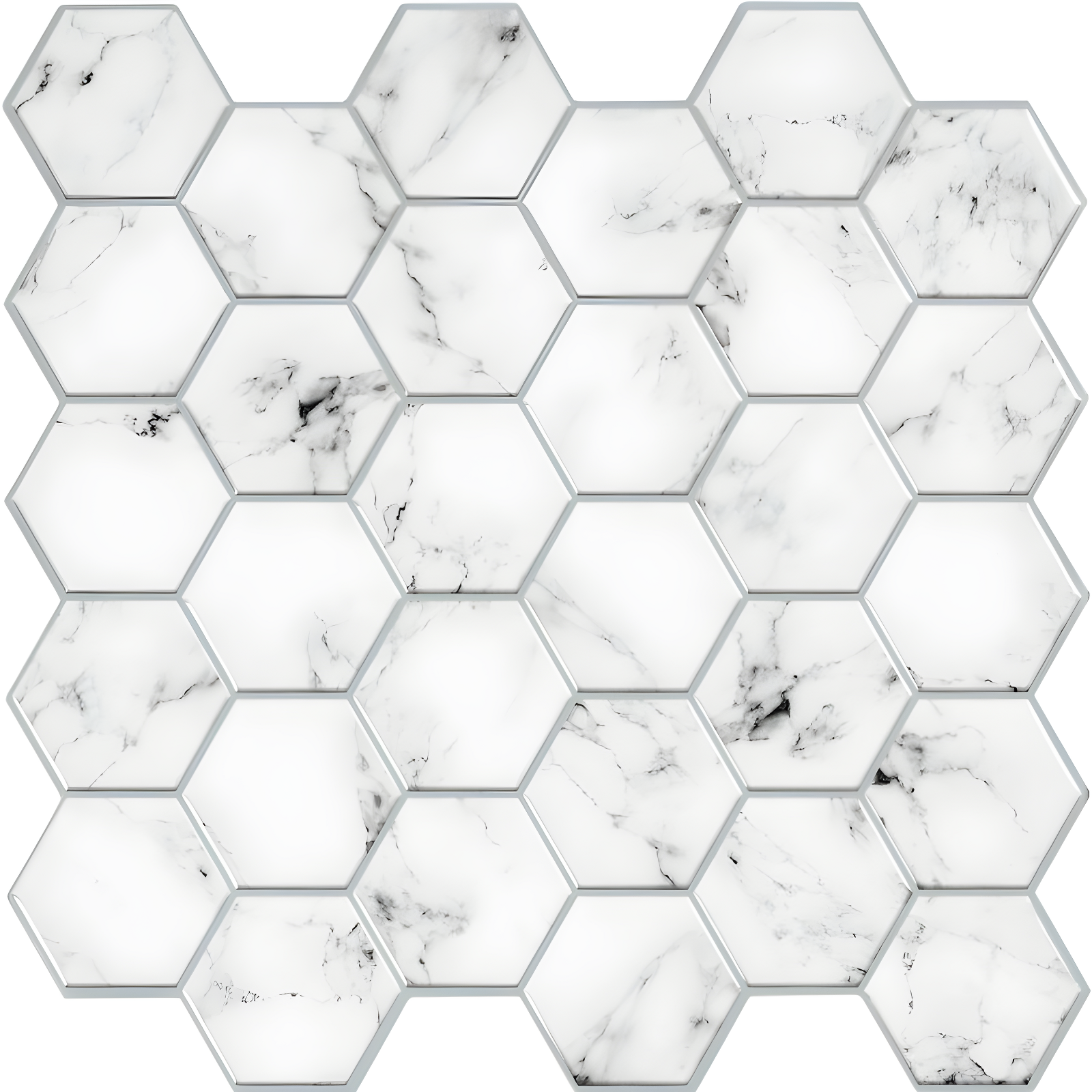 Carrara Marble Hexagon Peel and Stick Backsplash Tiles, White, PVC, 4 Pieces