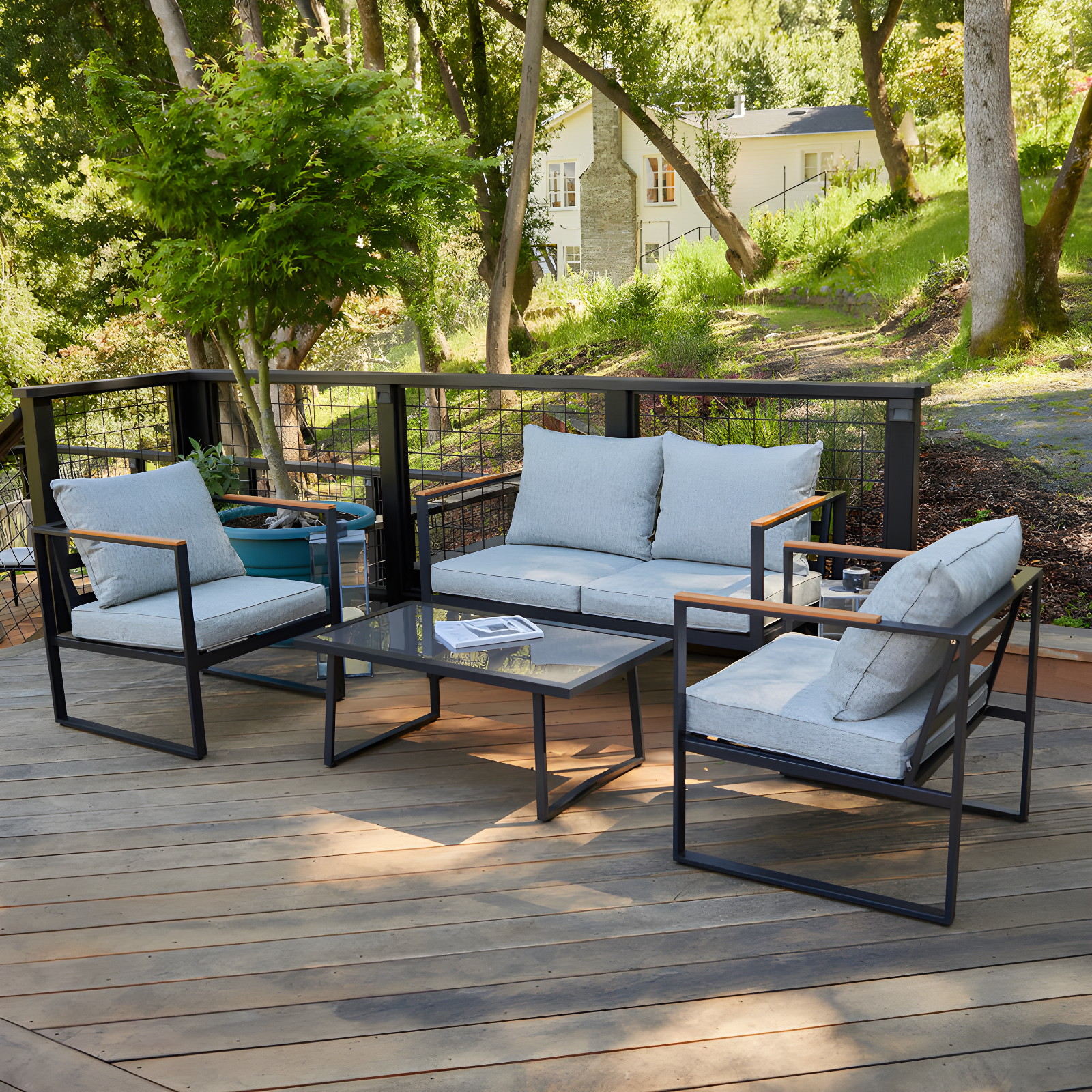 Light Gray and Black 4-Piece Patio Furniture Set with Cushions and Glass Table