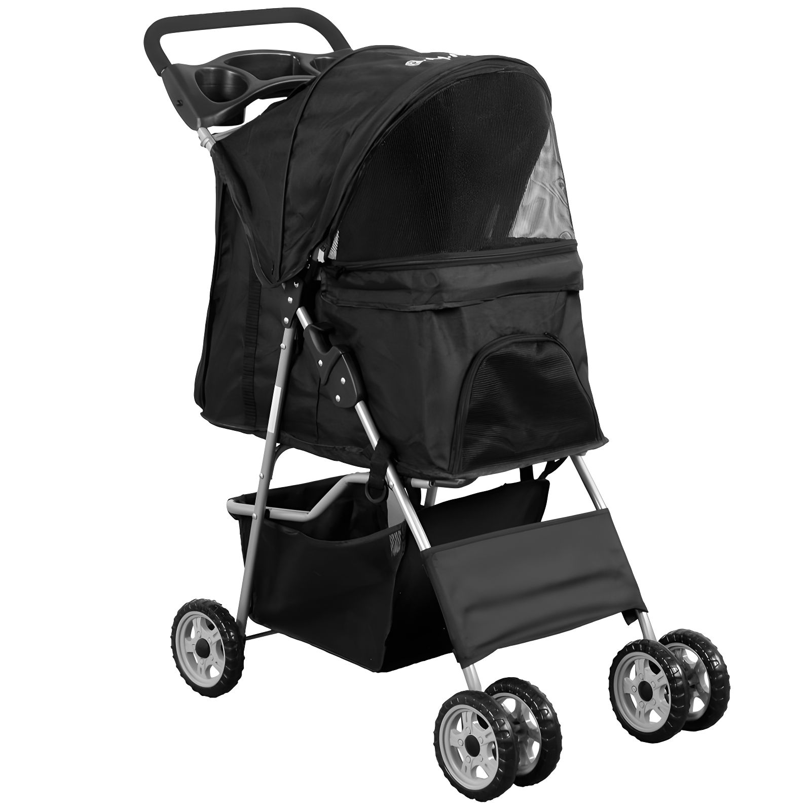 Black Foldable 4-Wheel Pet Stroller with Mesh Windows