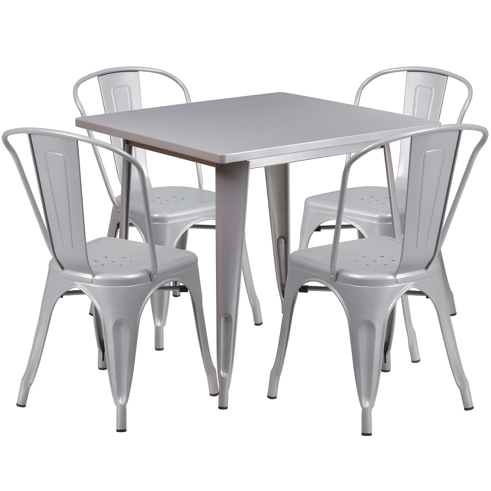 Silver Square Metal Indoor-Outdoor Dining Set with 4 Stack Chairs