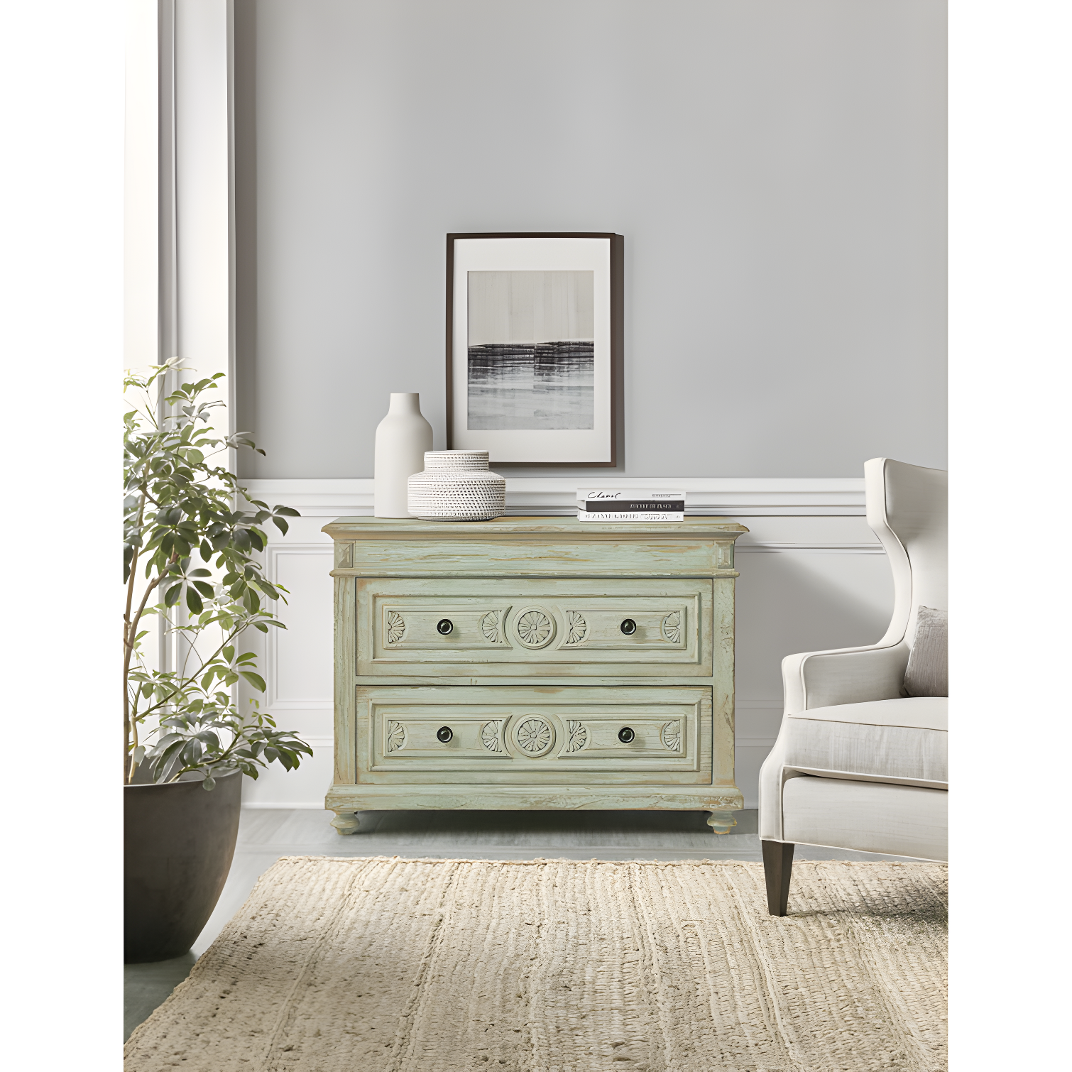 Pistachio Green Traditional Accent Chest with Carved Floral Motifs