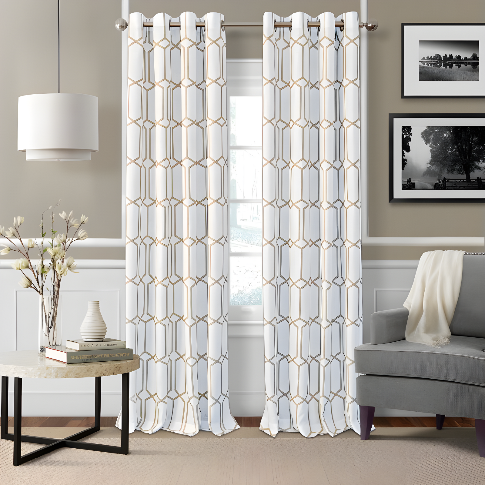 Taupe Geometric Blackout Grommet Window Curtain Panel