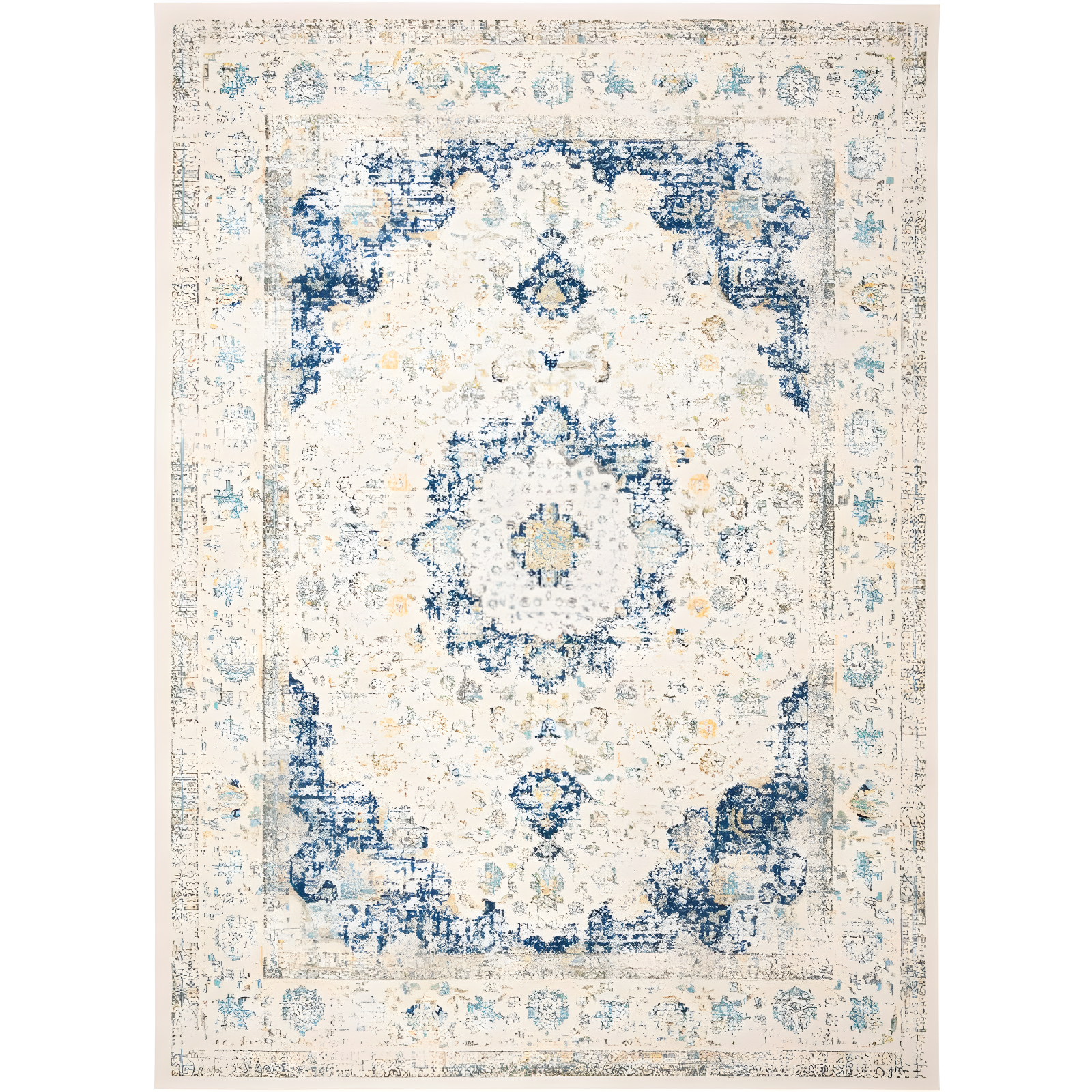 Ivory and Blue High Pile Floral Rectangle Area Rug