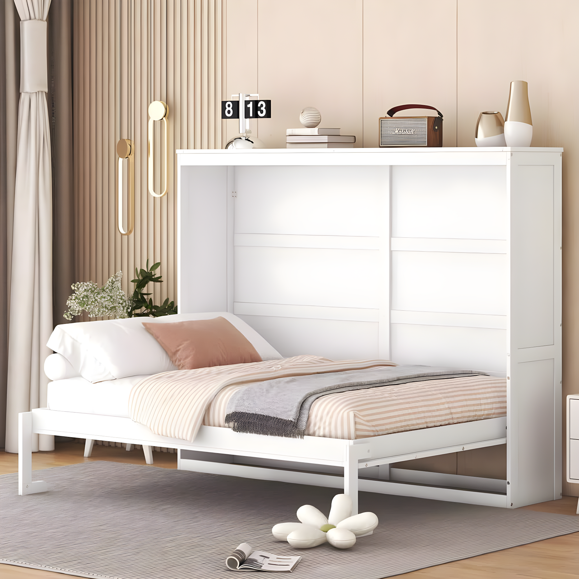 White Wood Frame Full Size Murphy Bed with Storage