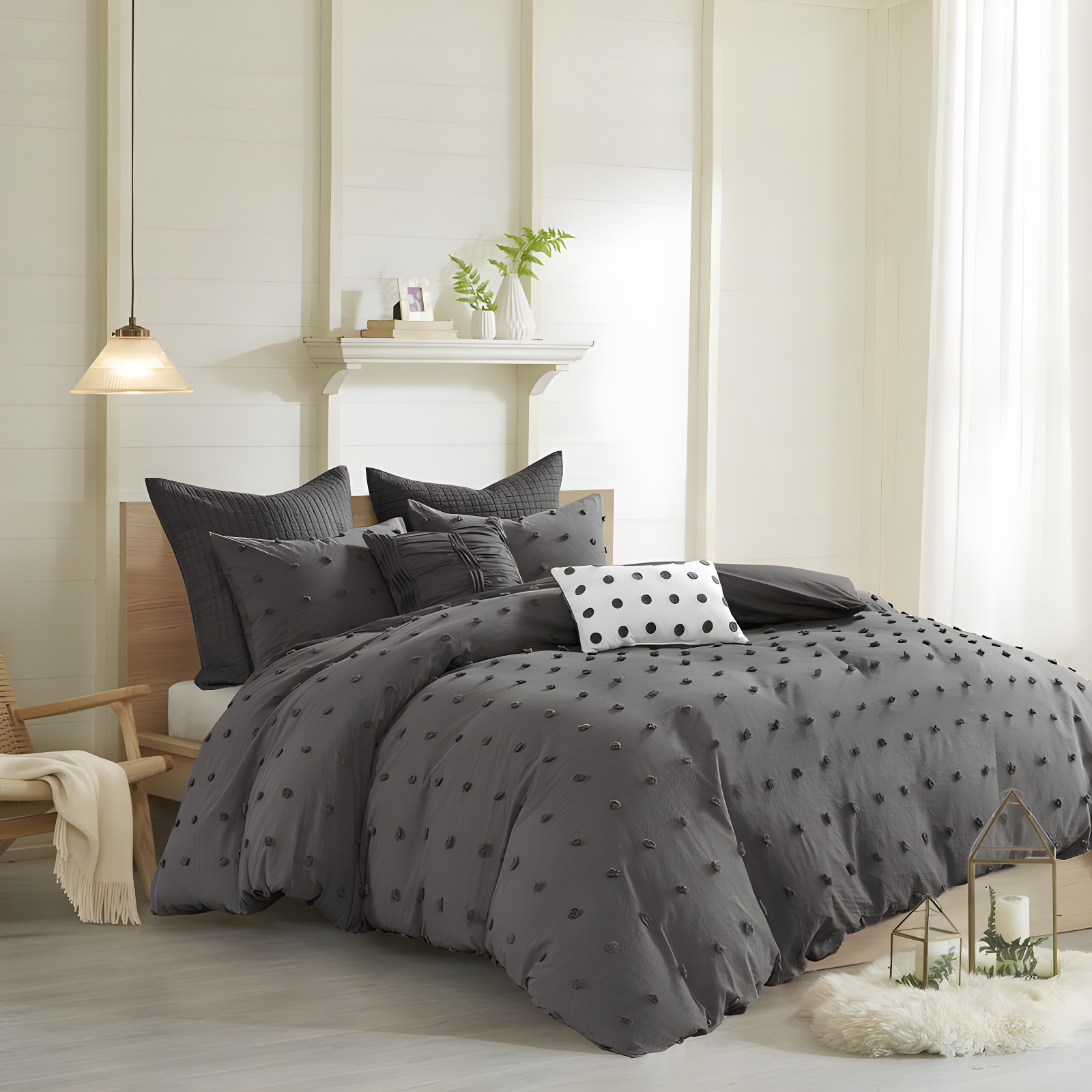 Charcoal Cotton Jacquard King/Cal King Duvet Cover Set with Shams