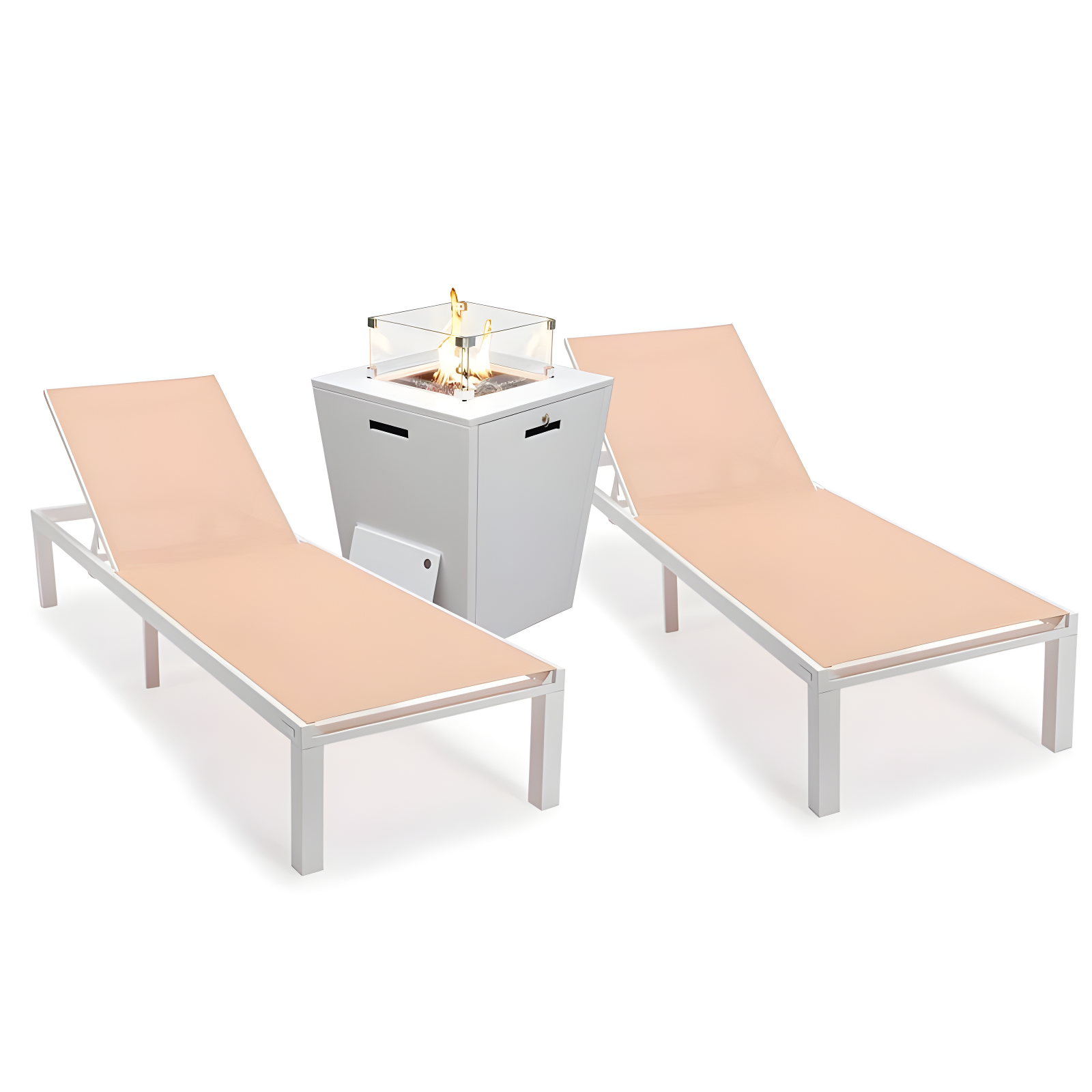 Marlin Modern White Aluminum Patio Chaise Lounge Set with Fire Pit Table