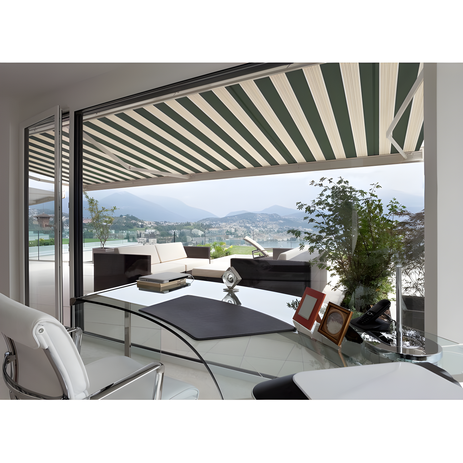 Garden Green and Beige Striped Motorized Retractable Patio Awning